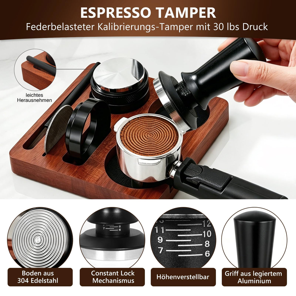 NPOIAUG Espresso Accessory Set 7-piece – WDT Tool, Tamper, Distributor, Dosing Ring & Tamper Station | Barista Set made of stainless steel for espresso machines | Step-by-step accessories for café (51mm) - ZQ-KFYF