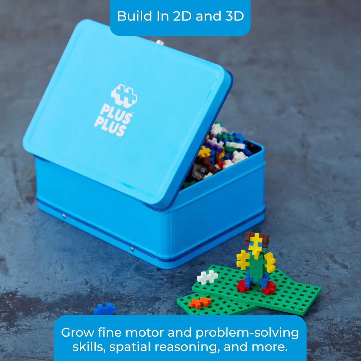 Plus-Plus 9607002 Genius Construction Toy, Basic, Building Blocks Set in a practical metal box with handle, 600 pieces, colorful