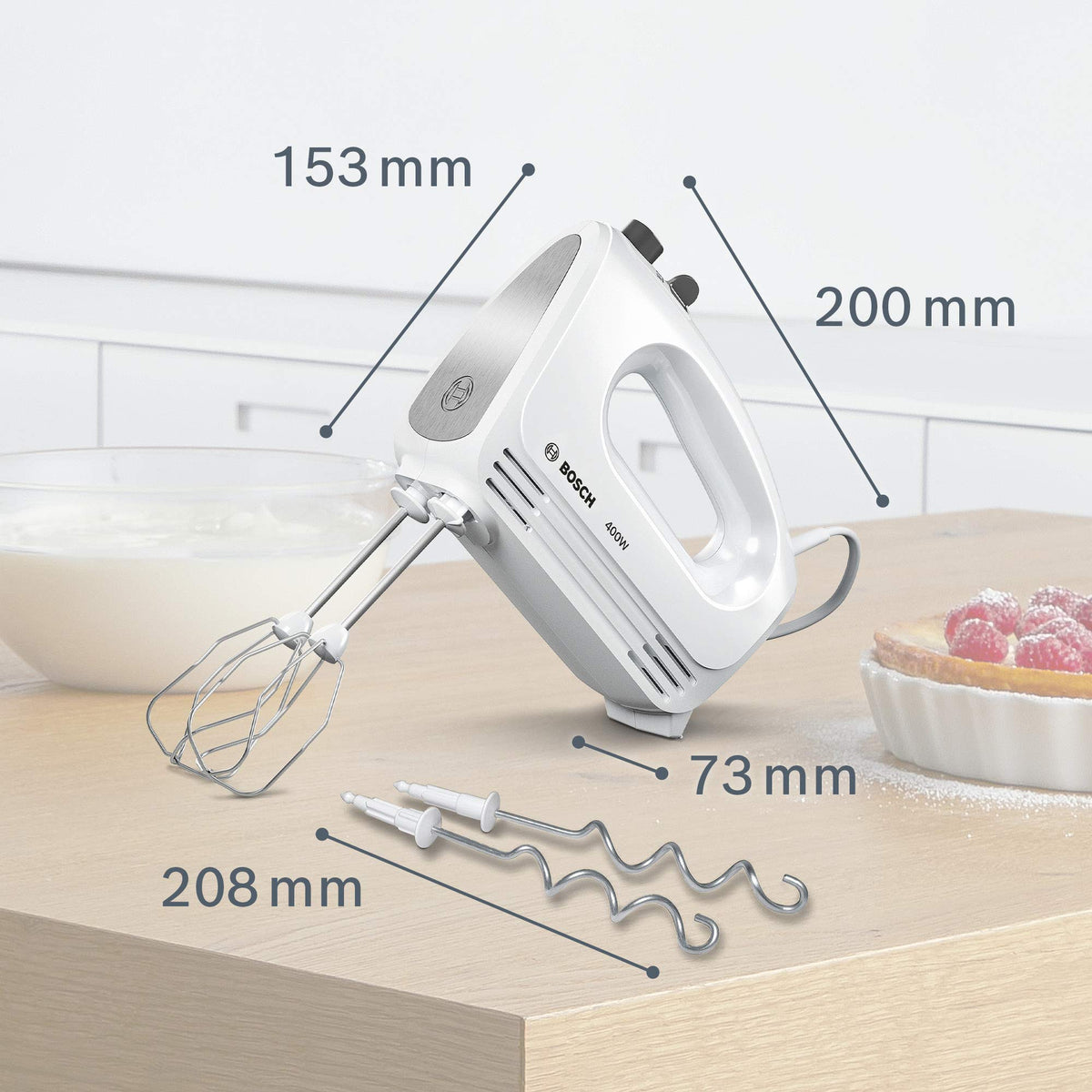 Bosch Hand Mixer, 2 beaters, 2 dough hooks, stainless steel, dishwasher safe, 4 speed settings, turbo function, lightweight, quiet, 400 W, white, CleverMixx MFQ24200