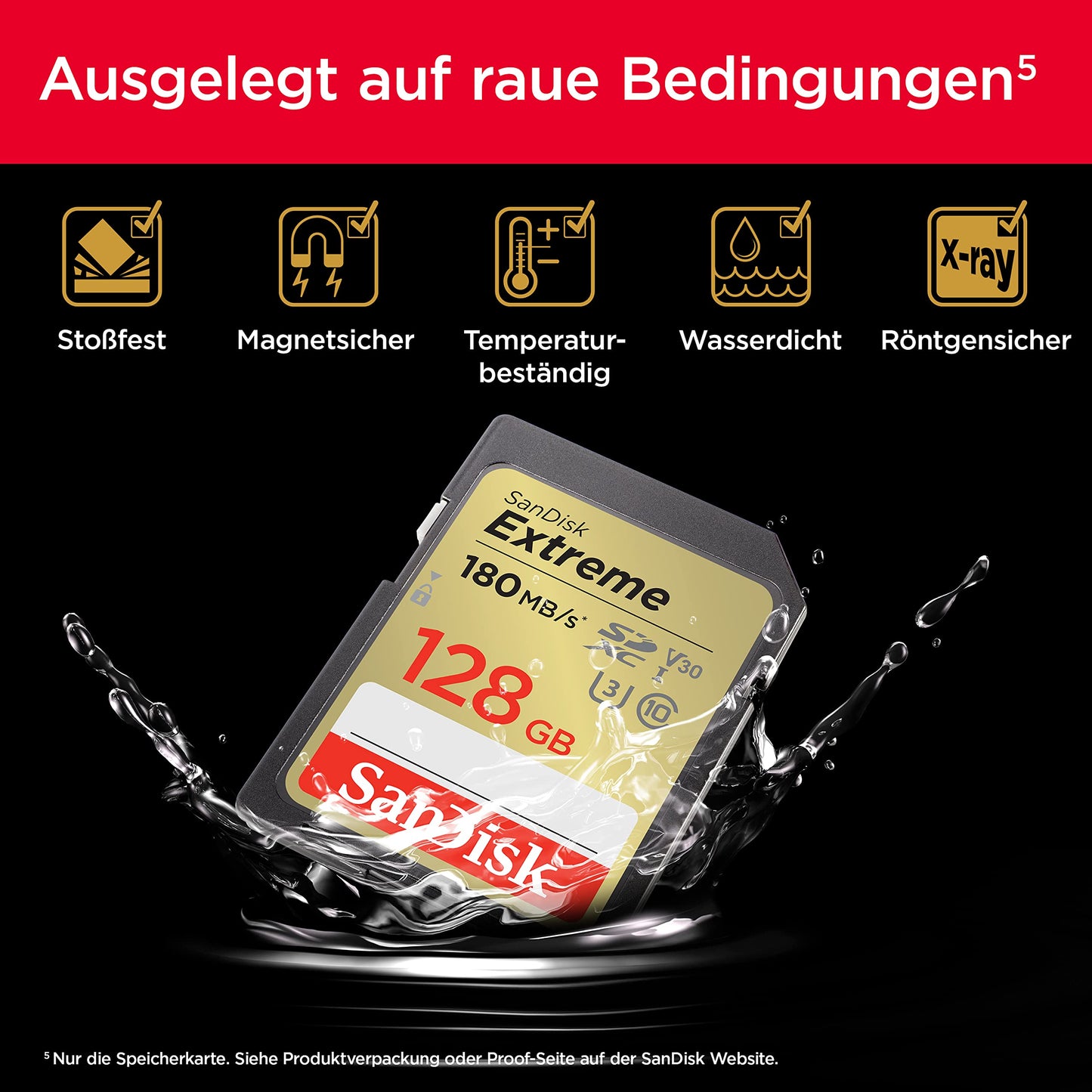 SanDisk Extreme SDXC UHS-I Memory Card 128GB (V30, 180MB/s Transfer, U3, 4K UHD Videos, SanDisk QuickFlow Technology, Waterproof, Shockproof, Temperature Resistant) - SDSDXVA-128G-GNCIN
