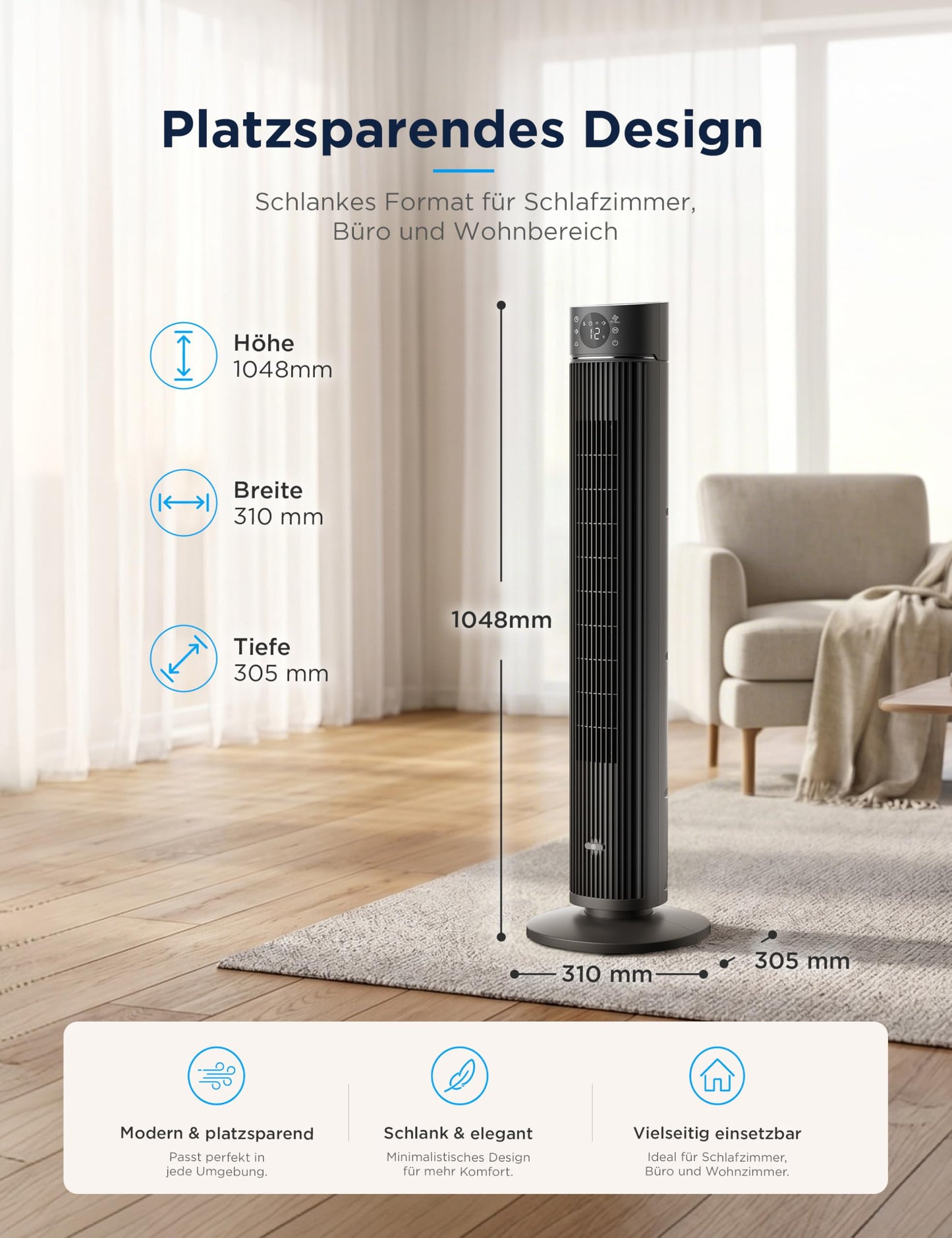 Midea FZ10-26ARDW Smart Quiet Tower Fan with Remote Control, 19 dB Whisper Quiet, DC Motor, 4 Modes & 12 Levels, 24h Timer, App Control for Bedroom, Living Room & Office, Black, 105cm - FZ10-26ARDW(BL)
