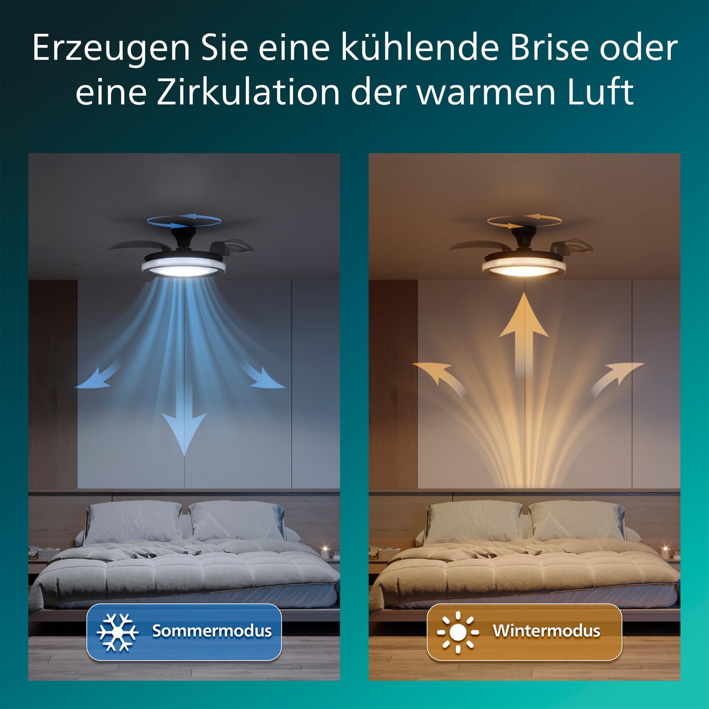 Philips Bliss ceiling fan with LED light and retractable blades, 3 blades, 106 cm wingspan, 4,500 lumens, adjustable. Light (3,000 K to 6,500 K), dimmable up to 5%, including remote control, black - 929004749701