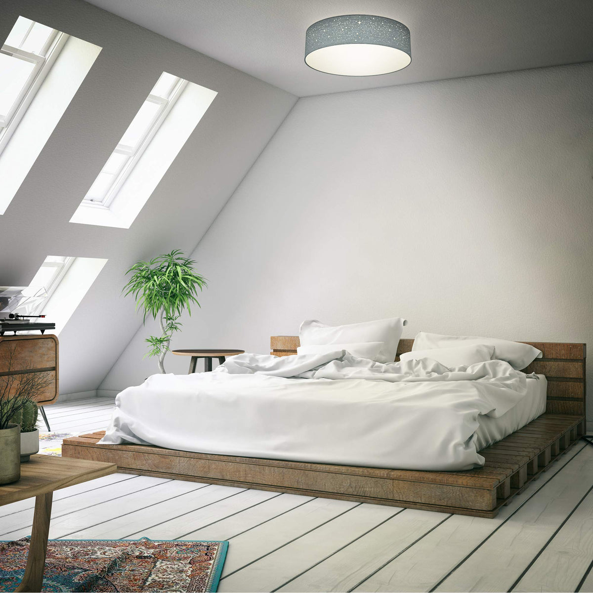 B.K.Licht - Ceiling lamp, lampshade with star effect, fabric lampshade, E27 socket, max. 40 watts, ceiling light, lamp, living room lamp, bedroom lamp, kitchen lamp, 38x10 cm, gray - BKL1346