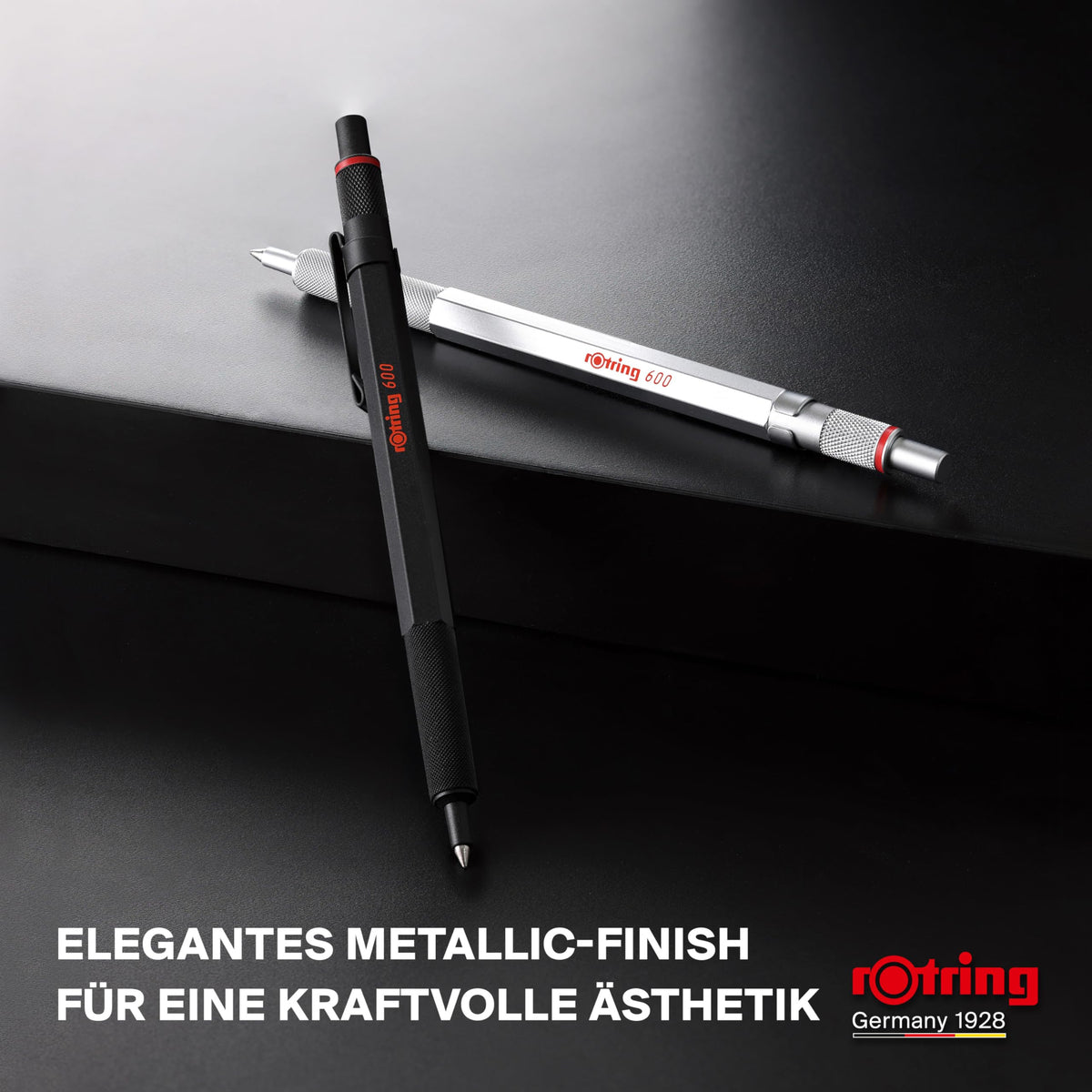 rOtring 600 Gelschreiber | 0,55 mm | Cerneală neagră | Instrument de scris argintiu cu corp metalic | Zonă de prindere antiderapantă, cu striații și corp hexagonal | Reîncărcabil - SAP_2196011