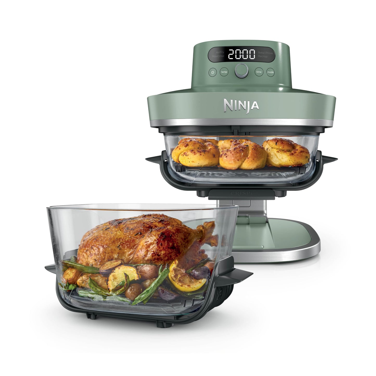 Ninja CRISPi PRO XL Glass Air Fryer, 5 Preset Cooking Functions, CleanCrisp Glass Containers (5.7L and 2.3L) and Storage Lid, Moss Green AS090EUGN