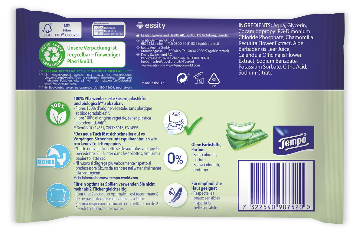 Tempo Feuchte Toilettentücher ''Sanft & Sensitiv'' - Megapack - 16 Pachete cu câte 42 șervețele - Duo Packs - aloe vera naturală - hârtie igienică, testată dermatologic, pH-neutru pentru piele - 836197