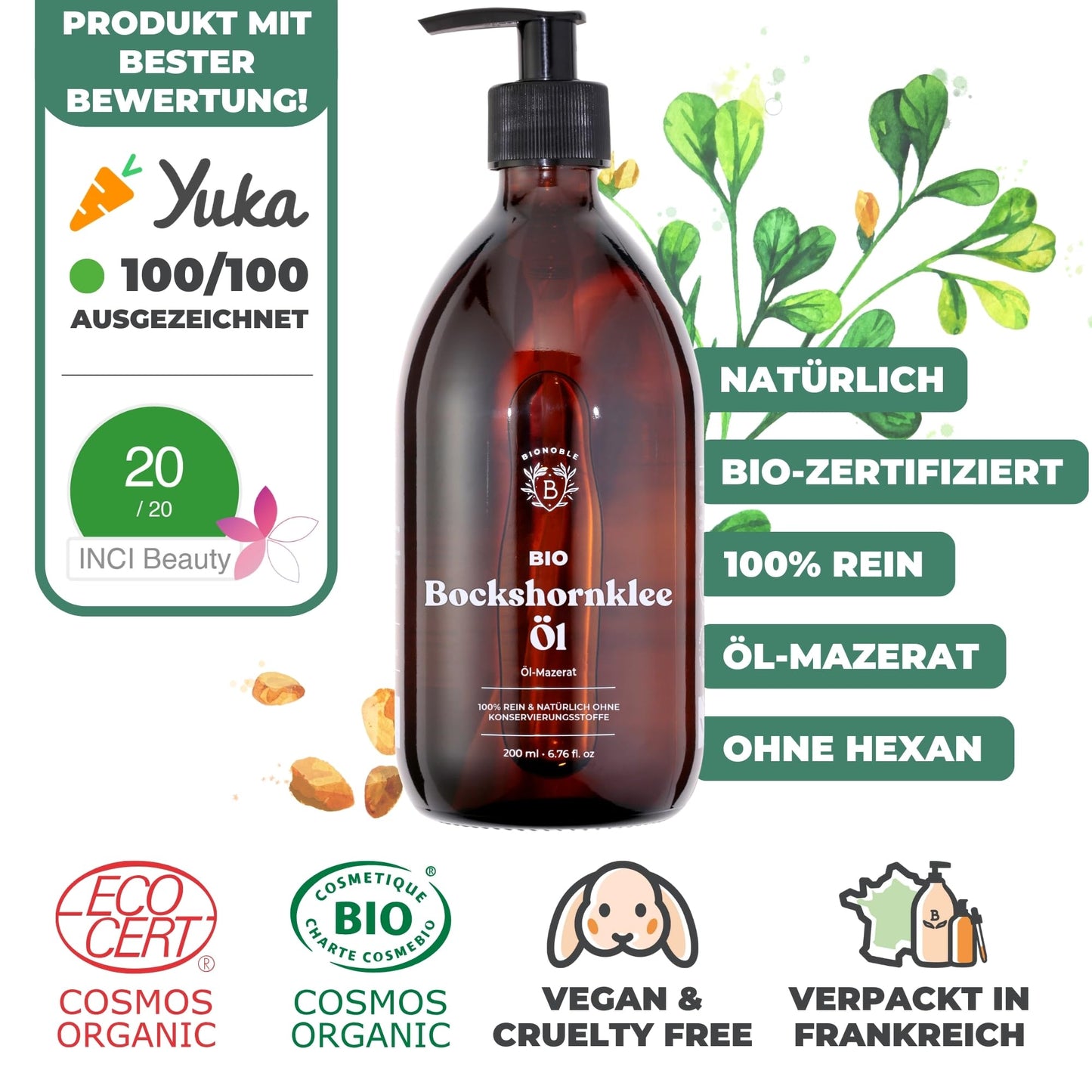 BIONOBLE Organic Fenugreek Oil - Firms and shapes breasts and buttocks - 100% Natural Fenugreek Oil - Odorless oil macerate from seeds - Organic Fenugreek Oil - Glass bottle with pump - 200ml - France