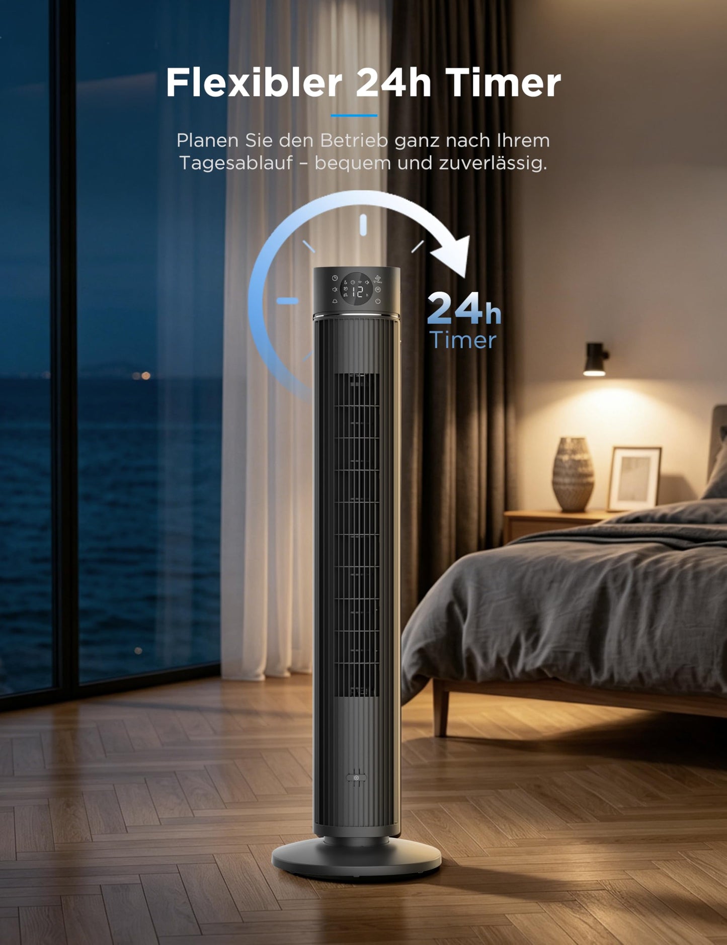 Midea FZ10-26ARDW Smart Quiet Tower Fan with Remote Control, 19 dB Whisper Quiet, DC Motor, 4 Modes & 12 Levels, 24h Timer, App Control for Bedroom, Living Room & Office, Black, 105cm - FZ10-26ARDW(BL)