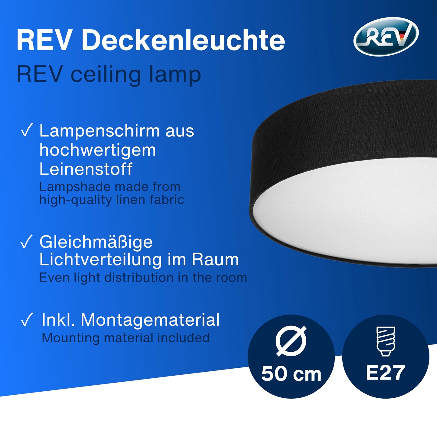REV ceiling light - ceiling lamp around 50cm with fabric lampshade in a vintage look - ideal for bedrooms and living rooms, black - 2021115020