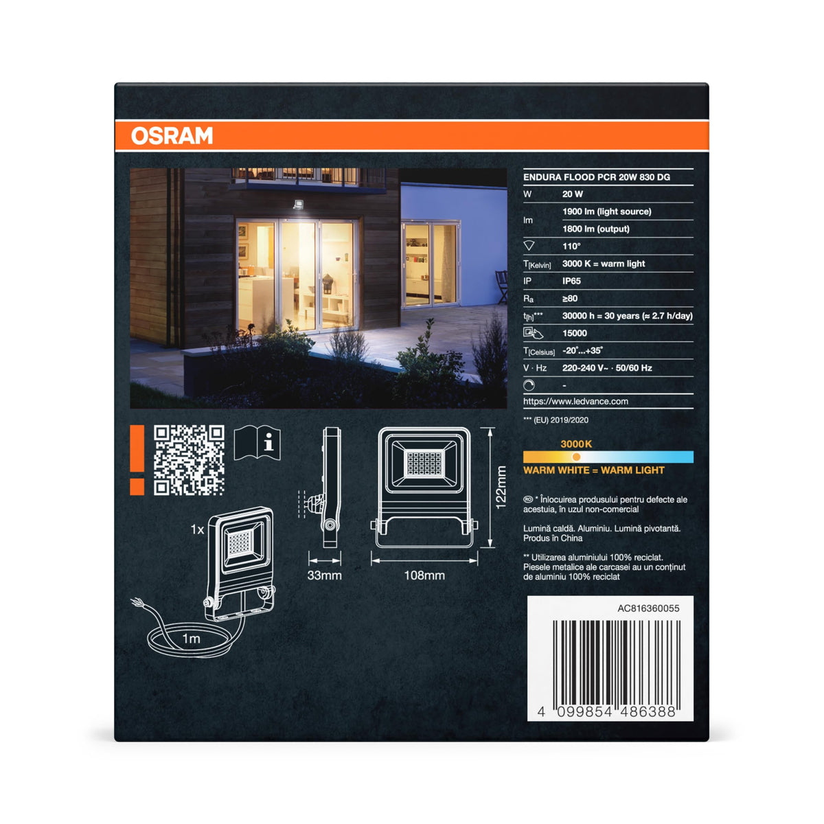 Osram ENDURA FLOOD PC 20W LED Floodlight, 3000K warm white, 1800 lumens, IP65 floodlight made of recycled aluminum, 110° beam angle, 90 lm/W, Gray (Pack of 4) - 4099854486388