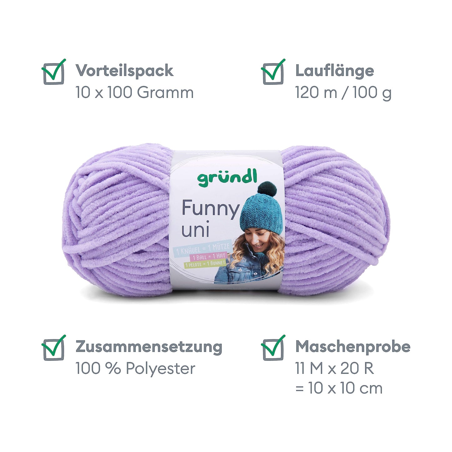 Gründl Wolle Funny uni - soft chenille wool for crocheting - cuddly and skin-friendly - 100% polyester - 10 balls 100 g / 120 m - needle size 5-6, lavender - 3442-22