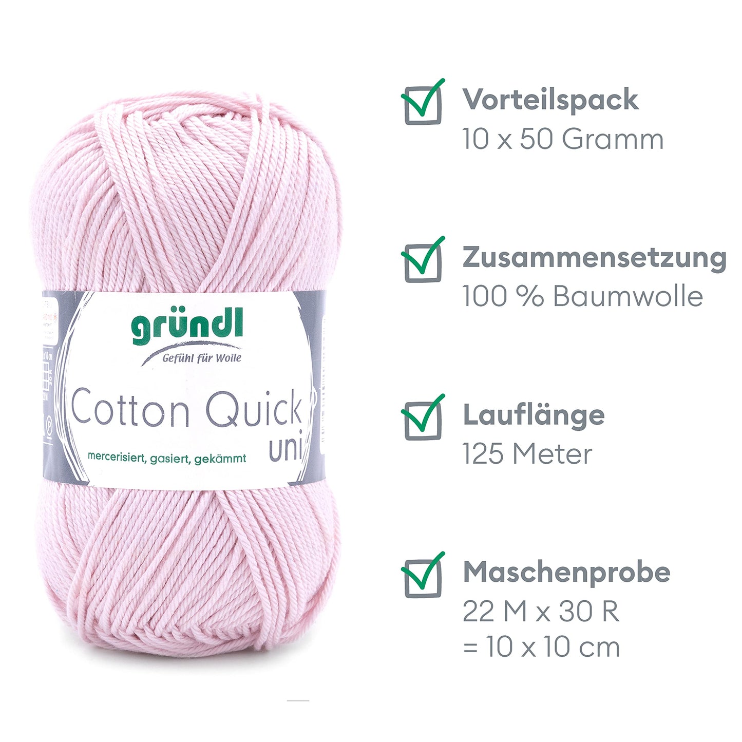 Gründl Wolle Cotton Quick uni - thin wool for crocheting - knitting yarn - crochet yarn - shiny and skin-friendly - 100% cotton - 10 balls 50 g / 125 m - needle size 3-4 - rose - 865-106