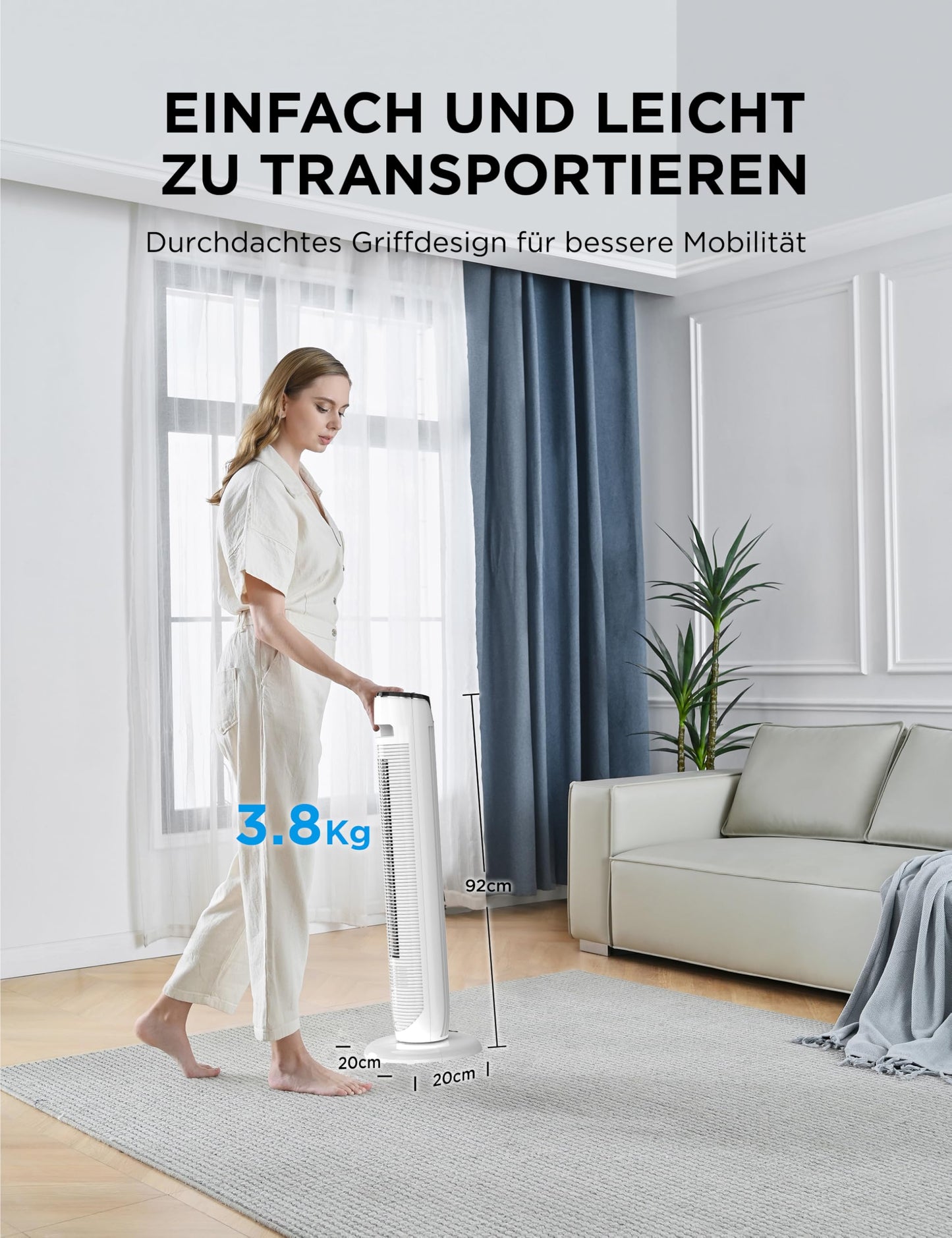 Midea FZ10-17JR(WH) Tower Fan Quiet with Remote Control 92CM, Mobile Fan, Column Fan, 7 Hour Timer, 3 Modes, 3 Speeds, 45W Stand Fan, White