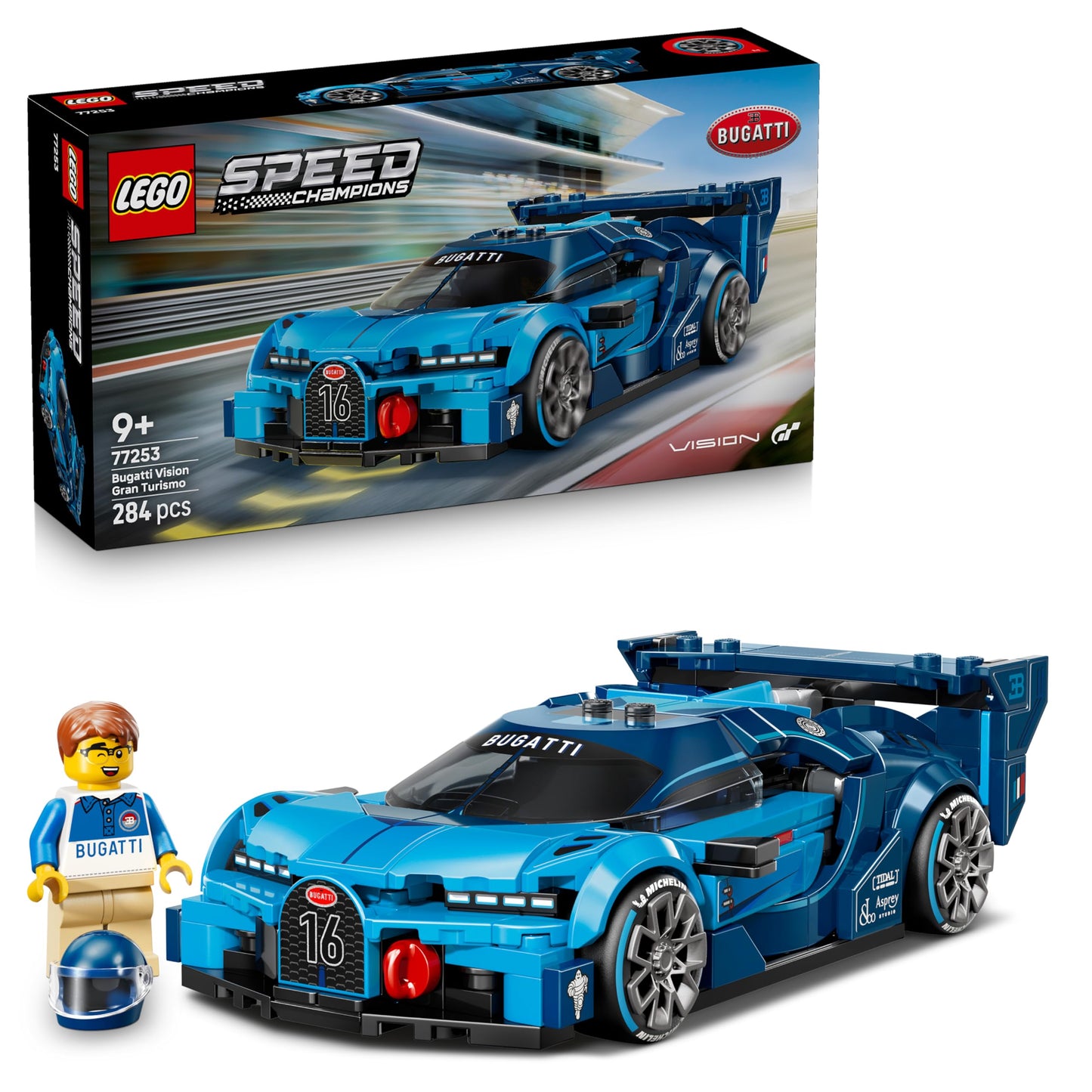 LEGO Speed Champions Bugatti Vision Gran Turismo hyper sports car - model building with collectible driver minifigure - gaming gift idea for boys aged 9 and up and motorsport fans - 77253