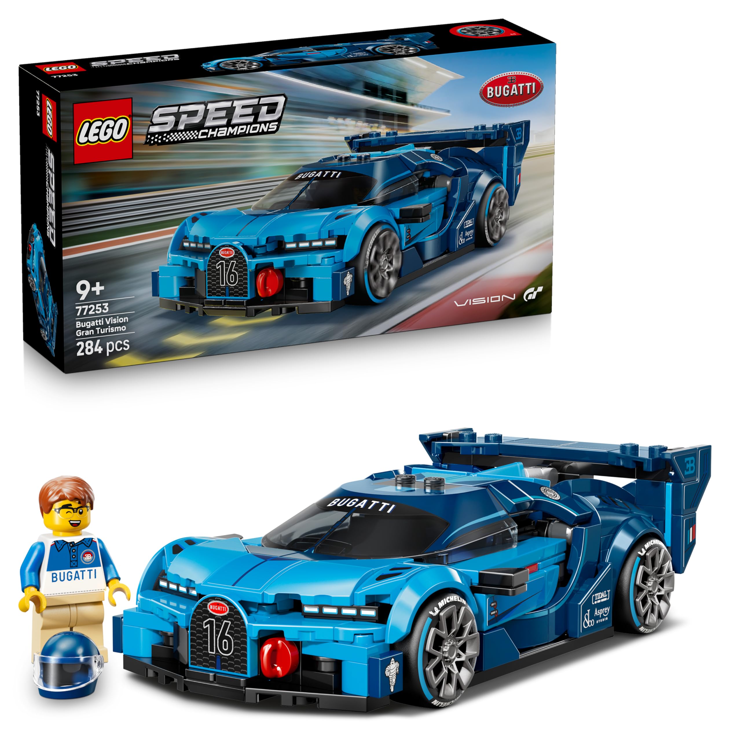 LEGO Speed Champions Bugatti Vision Gran Turismo hyper sports car - model building with collectible driver minifigure - gaming gift idea for boys aged 9 and up and motorsport fans - 77253