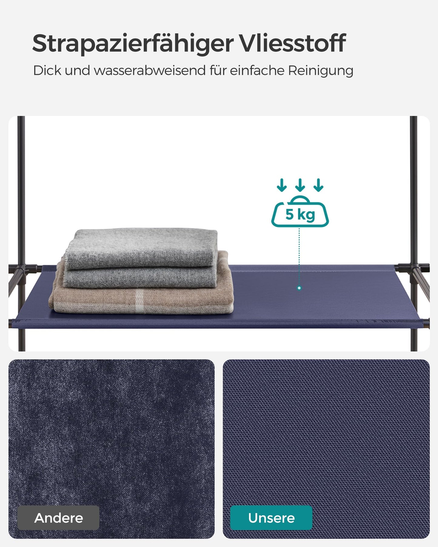 SONGMICS Wardrobe, fabric wardrobe, with non-woven fabric cover, folding wardrobe with clothes rail, 45 x 150 x 175 cm, 12 shelves, metal frame, wardrobe for bedroom, navy blue LSF003I02 - 0194343040943