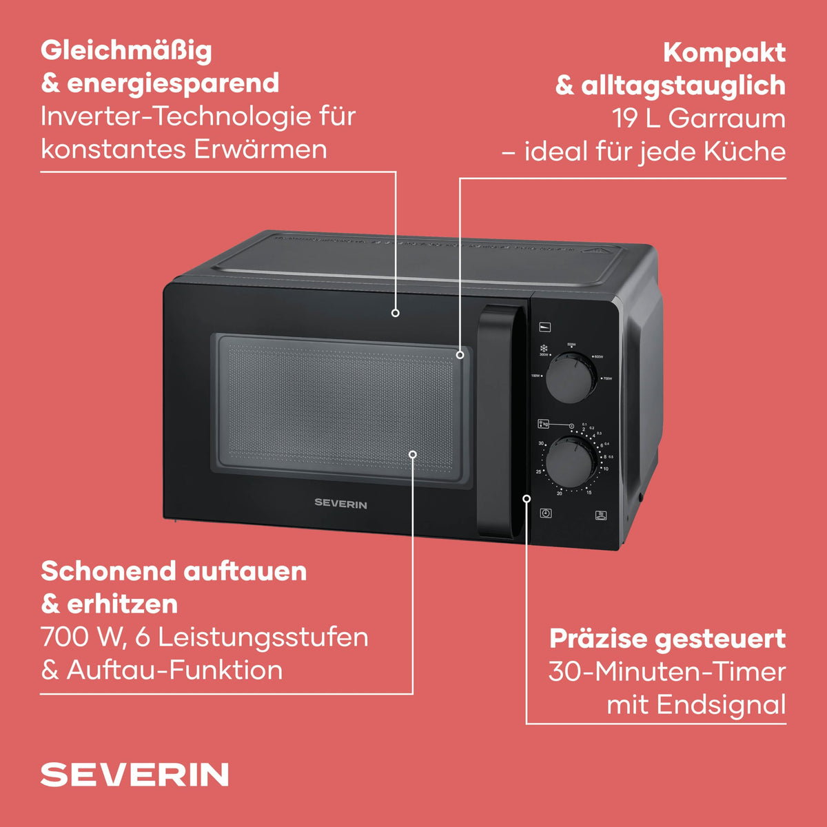 SEVERIN Solo Microwave, Inverter, Defrosting and Heating, 6 Power Levels with Defrost Function, Microwave Oven with Turntable for Even Heat Distribution, 19L, 700W, Black, MW 7580