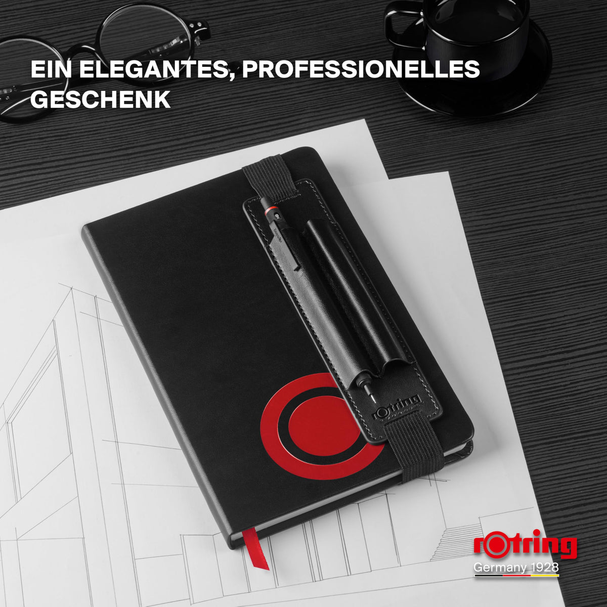rOtring 600 Mechanical Pencil (0.5mm) Gift Set with Pen Case & Notebook | Full Metal Body Fine Point Pencil | Black | Non-Slip Knurled Grip and Hexagonal Barrel - 2224710
