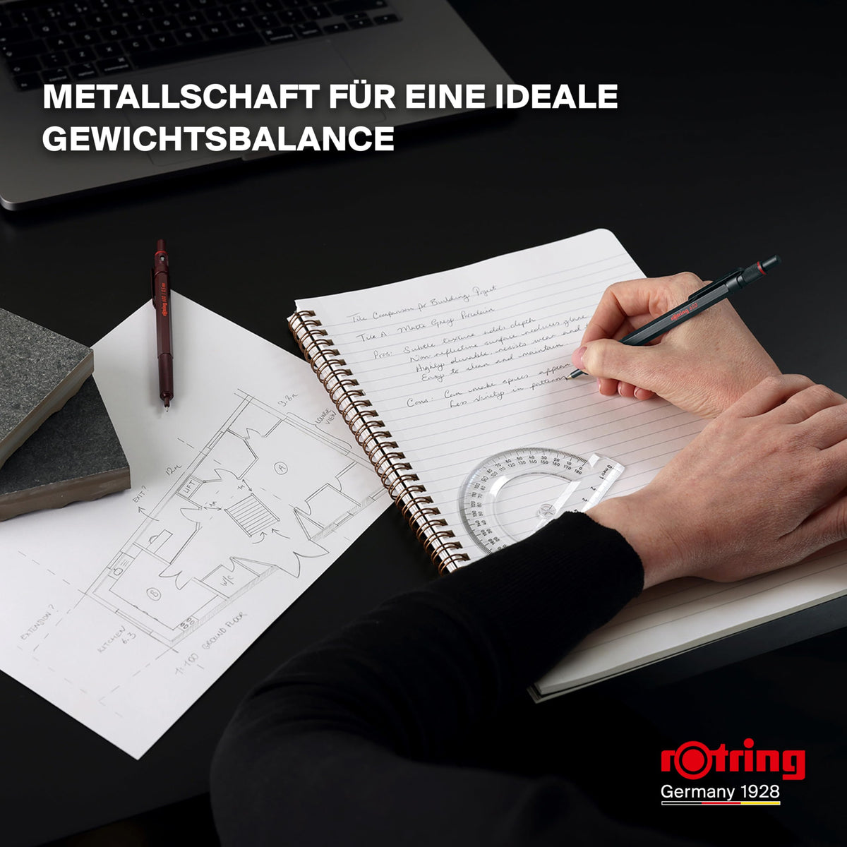 rOtring 600 Ballpoint Pen | Medium Tip | Black Ink | Full Metal Barrel | Stone Grey | Non-slip, knurled grip zone and hexagonal barrel | Refillable - SAP_2204408