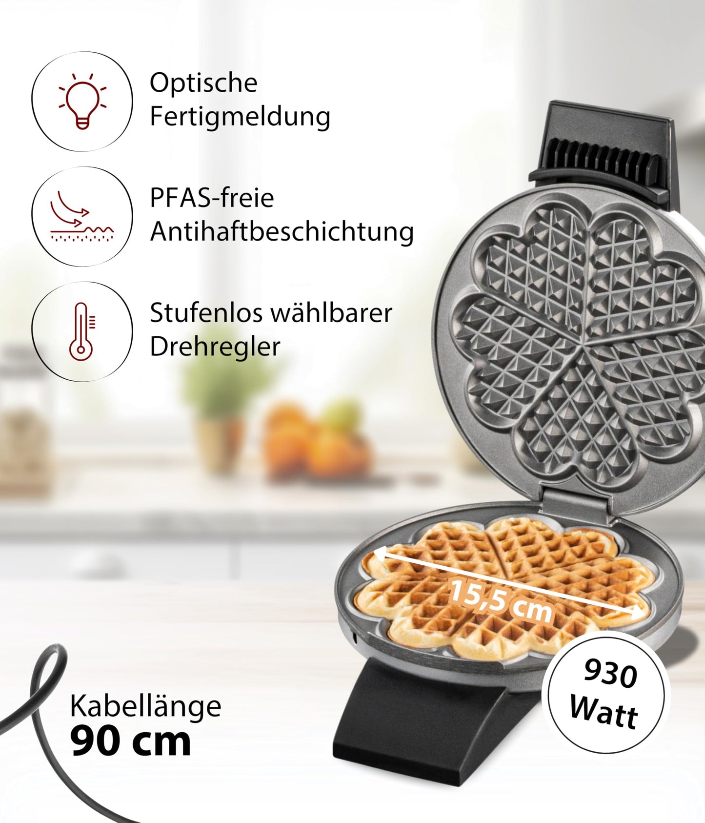 Cloer 1629 waffle iron for classic heart waffles, 930 W, waffle size 15.5 cm, continuously selectable browning level, metal, silver