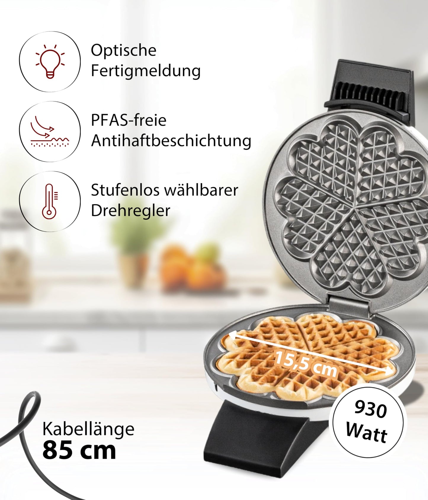 Cloer 1621 waffle iron for classic heart waffles, 930 W, waffle size 15.5 cm, continuously selectable browning level, white, metal
