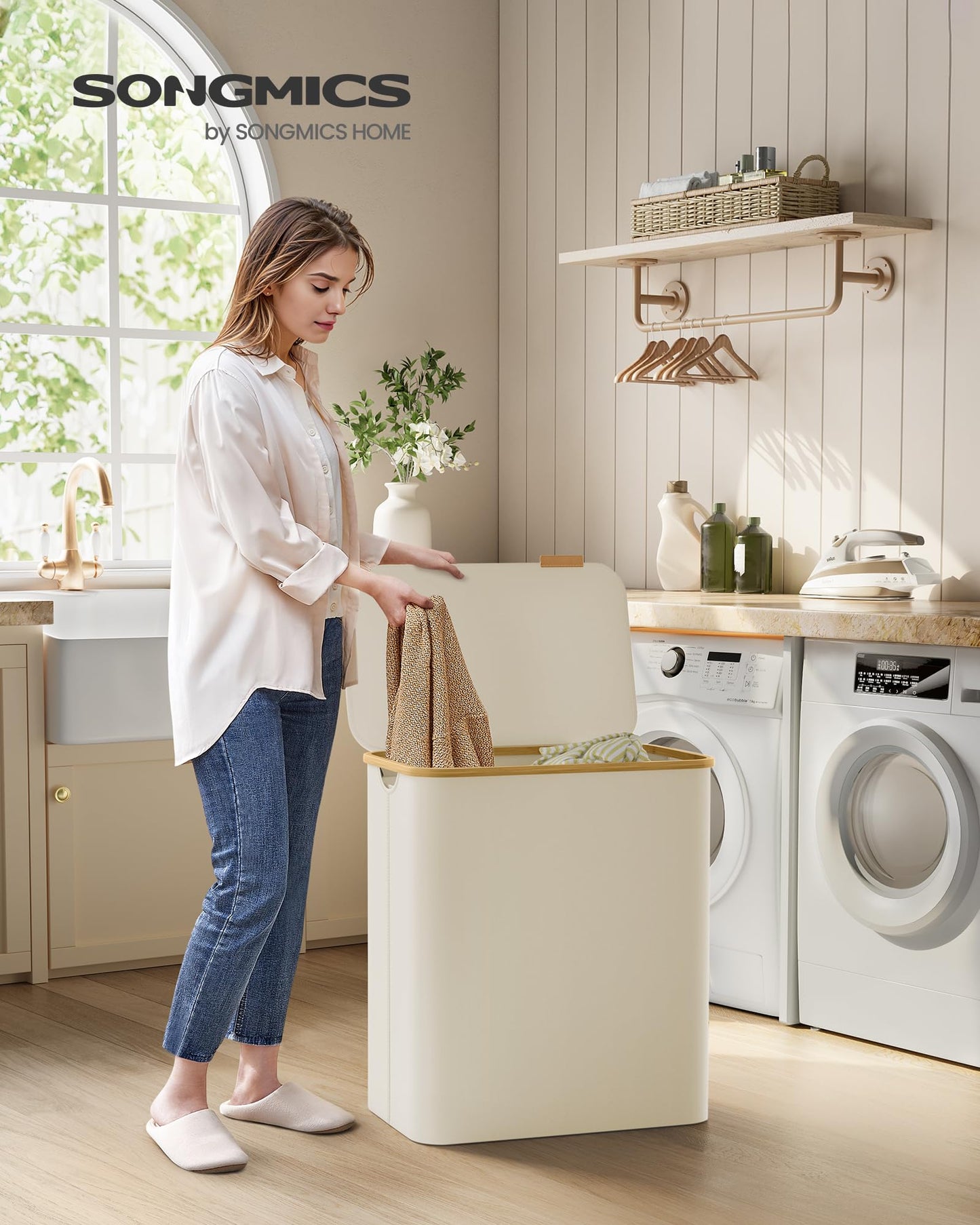 SONGMICS Laundry Basket with Lid, Laundry Hamper with 3 Compartments, 150L, Removable Laundry Bag, Oxford Fabric, Bamboo Handles, Foldable, 60 x 38.5 x 70.5 cm, Cream White LCB515W01 - PCT611W01