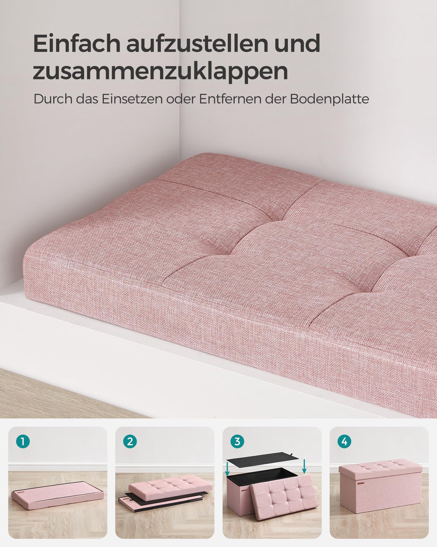 SONGMICS Stool with storage space, folding bench, 38 x 76 x 38 cm footstool, storage box, loads up to 300 kg, for living room, bedroom, hallway, pastel pink LSF047R11 - 6955880314393
