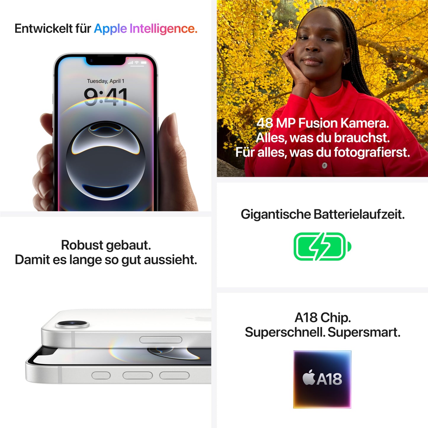 Apple iPhone 16e 128 GB: Designed for Apple Intelligence, A18 chip, gigantic battery life, 48 MP Fusion camera, 6.1'' Super Retina XDR display, white - MD1R4ZD/A