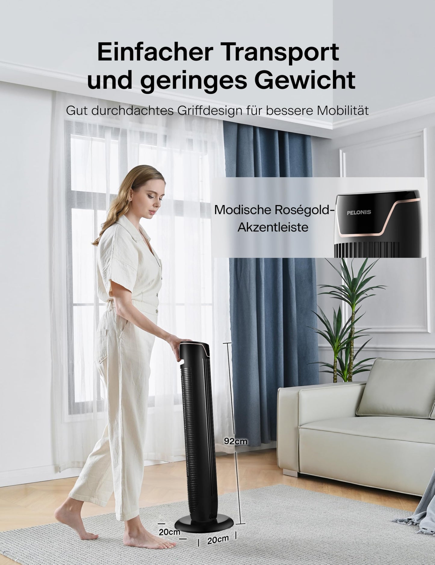 Pelonis Oscillating Tower Fan with Remote Control, Electric Standing Tower Fan Floor Fan for Bedroom, Office and Home, Quiet Cooling Portable Bladeless Tower Fans - PE-SC-FZ10-25MR-DE
