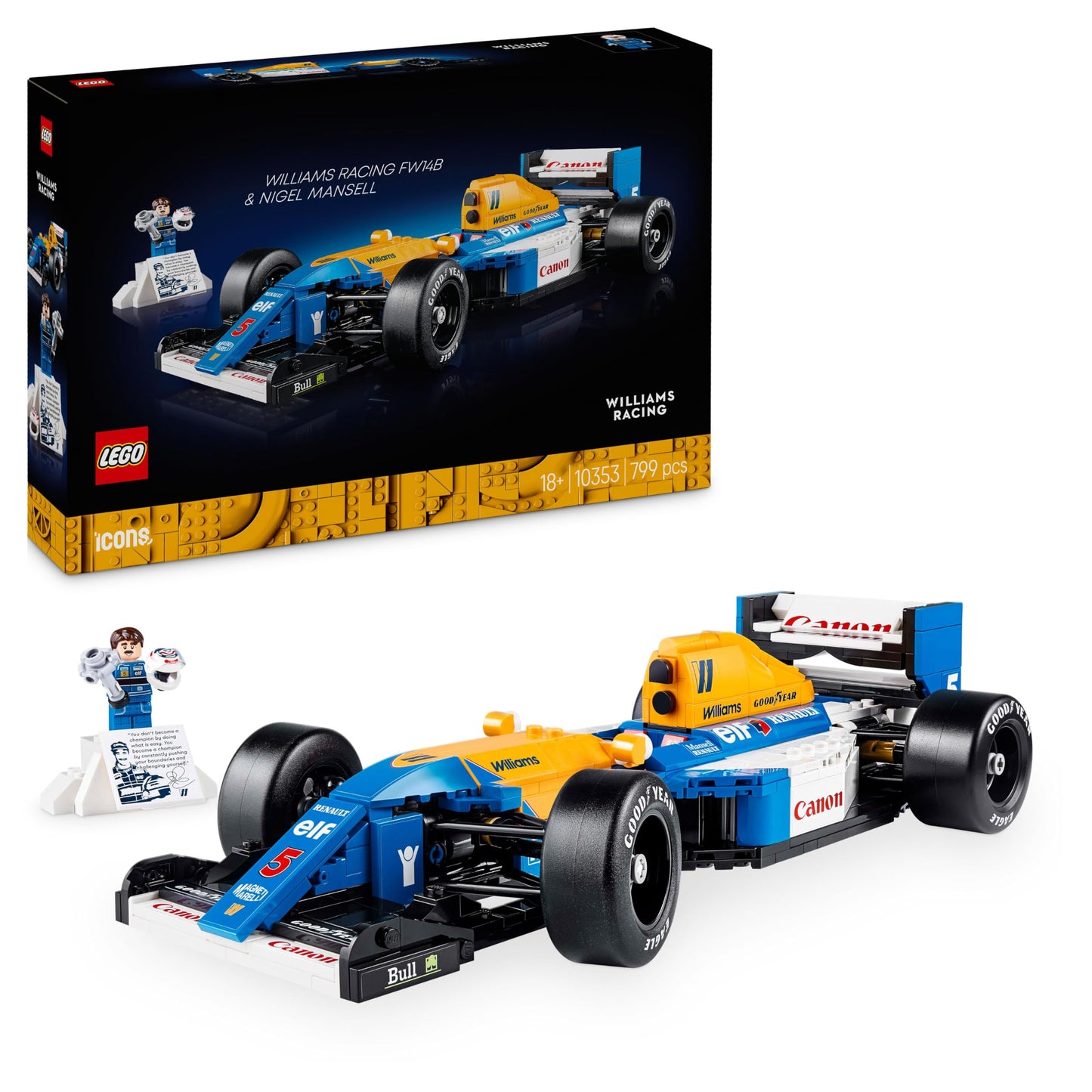 LEGO Icons Williams Racing FW14B with Nigel Mansell - F1 model car set with racing driver minifigure to collect - desk decoration with stand - gift for adults and young motorsport fans 10353