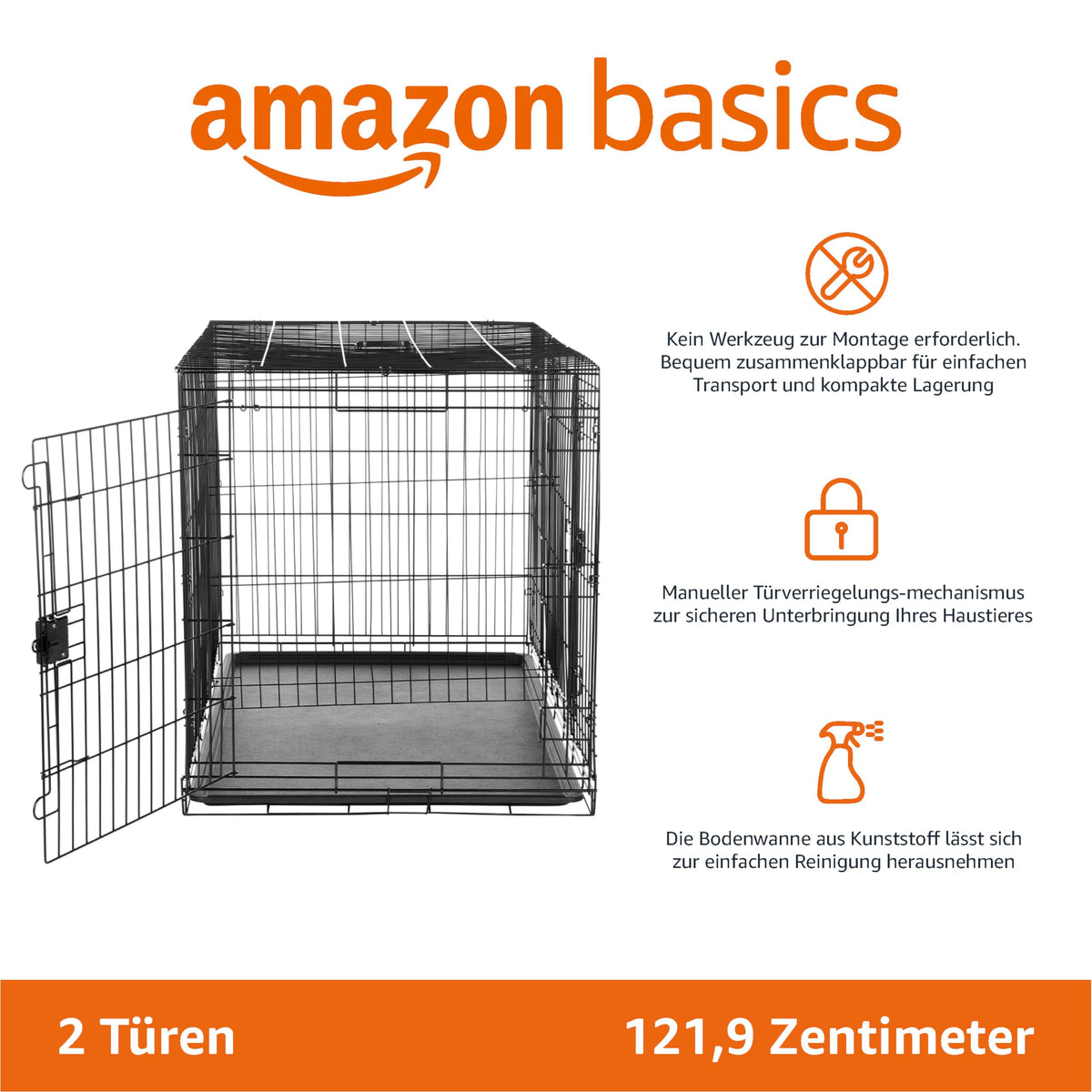 Amazon Basics Collapsible Dog Crate Made of Wire with Floor Tray, Double Door, Black, L 122 x W 76 x H 83 cm - 9001N-48B