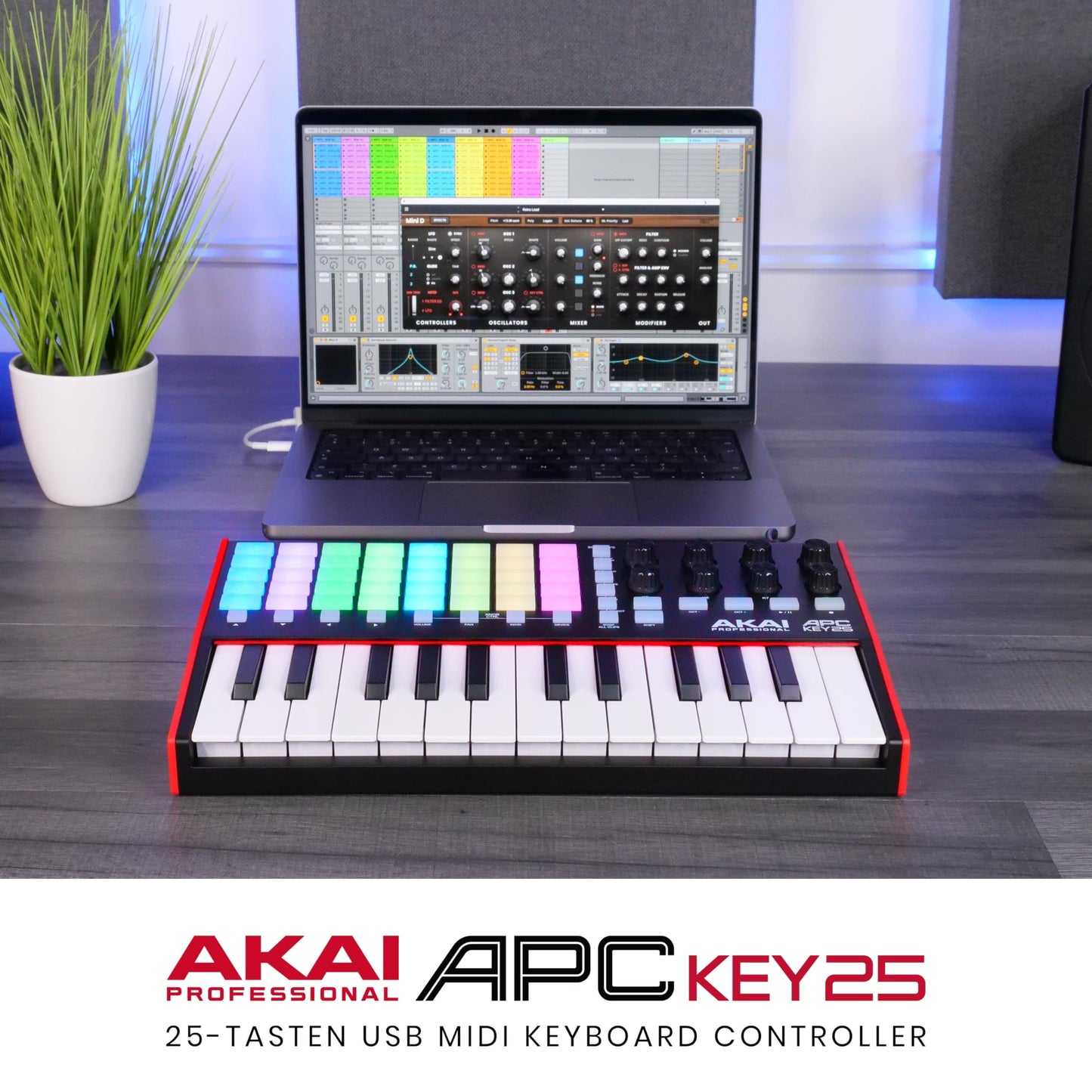 Akai Professional APC Key 25 MK2 - USB MIDI keyboard controller for clip launching with Ableton Live Lite, 25 keys, 40 RGB pads and 8 rotary controls - APCKEY25MK2