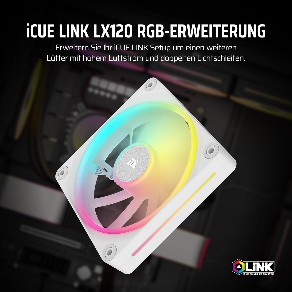 CORSAIR iCUE LINK LX120 RGB 120mm PWM Fan Single Pack – Dual Light Loops – Requires iCUE LINK System Hub (Sold Separately) – CORSAIR AirGuide Technology – White - CO-9051029-WW