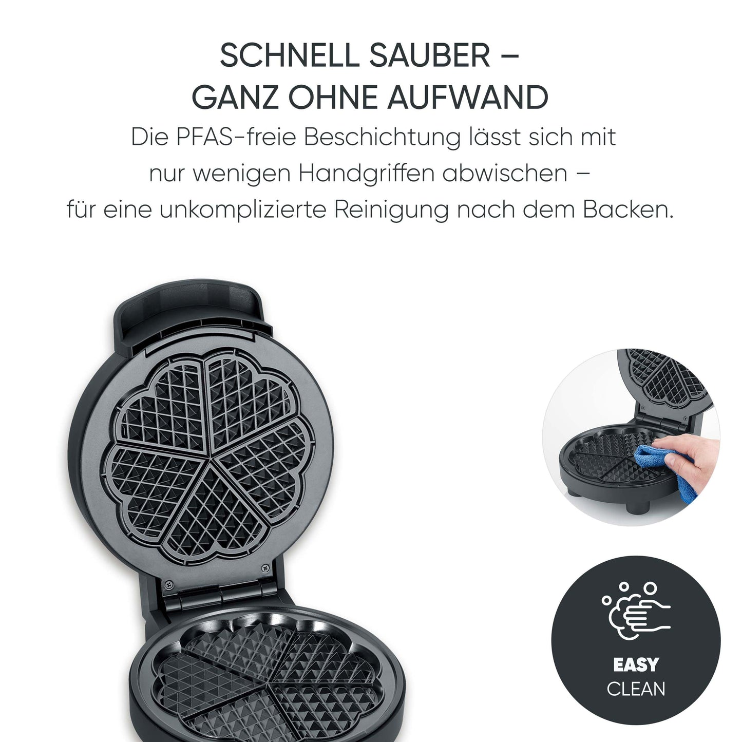 SEVERIN waffle iron Black Line, heart waffles, PFAS-free coating, with indicator light, practical cable winder, 1,000 watts, black/stainless steel, WA 2117