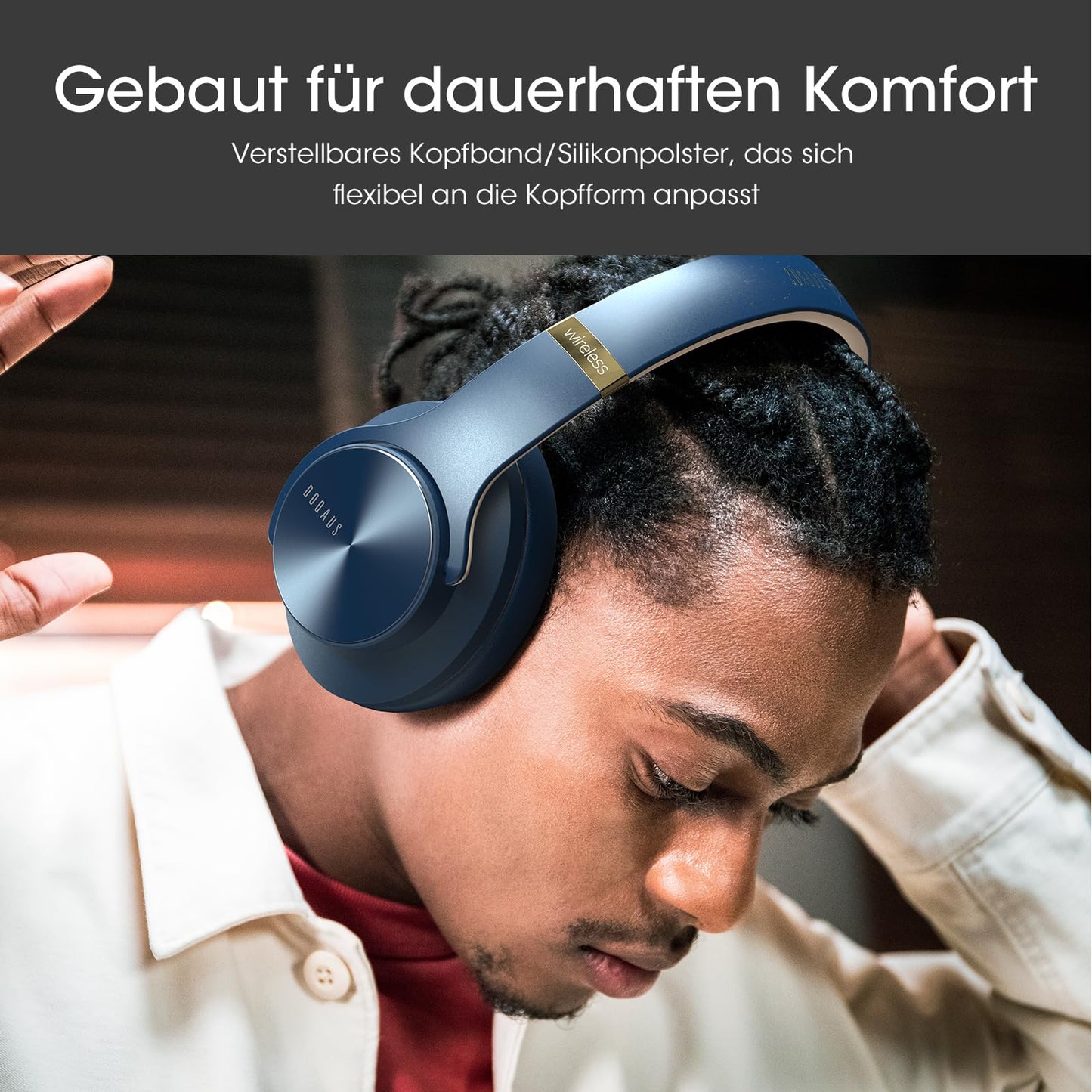 DOQAUS Bluetooth Headphones Over Ear, Up to 90 Hours Wireless Headphones with 3 EQ Modes, HiFi Stereo Foldable Headset with Microphone, Soft Ear Pads for Travel/Office/Cell Phone/PC/Laptops-Navy Blue - Care1