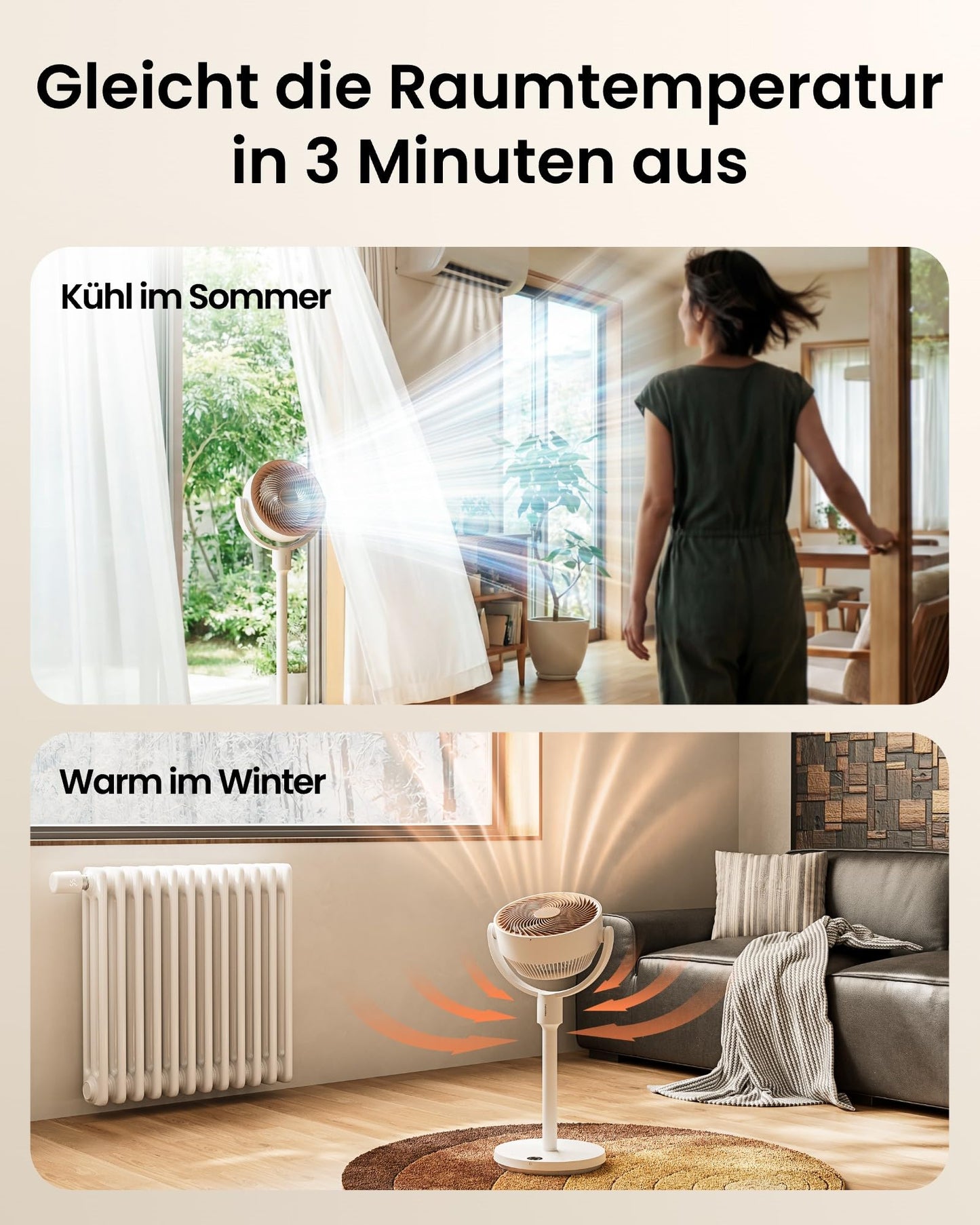 SwitchBot pedestal fan with air circulation with RGB lighting, 22 dB ultra-quiet, remote control, Matter via hub, 9.15 m³/min airflow, height adjustable, 4 modes, 9 speeds, 9h timer - W3800520