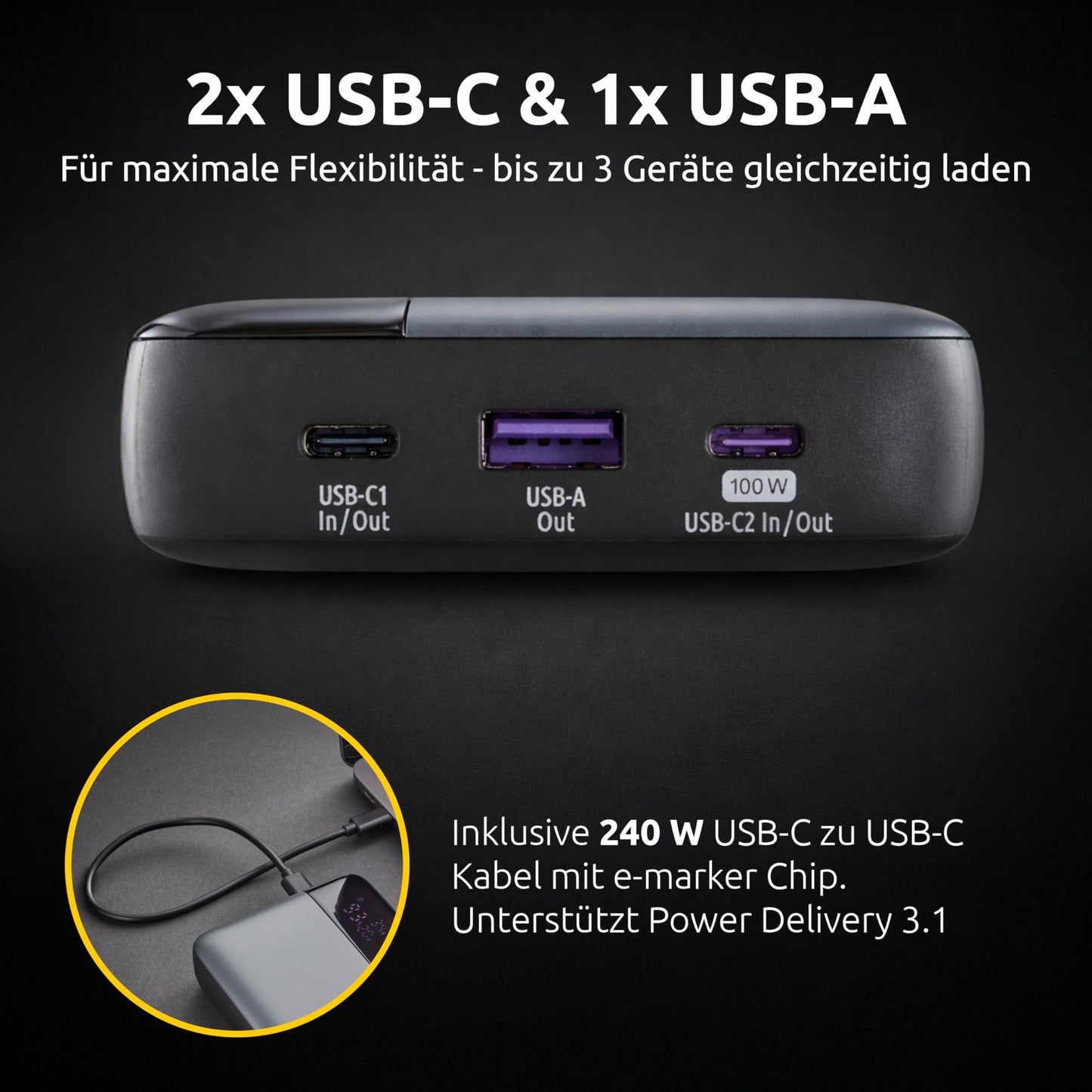 Intenso Powerbank HE20000 100W Power Delivery, 20000mAh external battery, fast charging for MacBook, iPhone, Samsung Galaxy, iPad - USB-C cable & transport bag included - 7350050