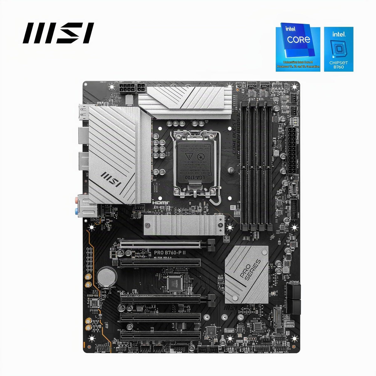 Placa de bază MSI PRO B760-P II, ATX - Suportă procesoare Intel Core de generația a 14-a, a 13-a și a 12-a, LGA 1700 - Memorie DDR5 Boost 7000+MHz/OC, sloturi PCIe 4.0 x16, sloturi M.2 Gen4, LAN 2.5G - 7E29-002R