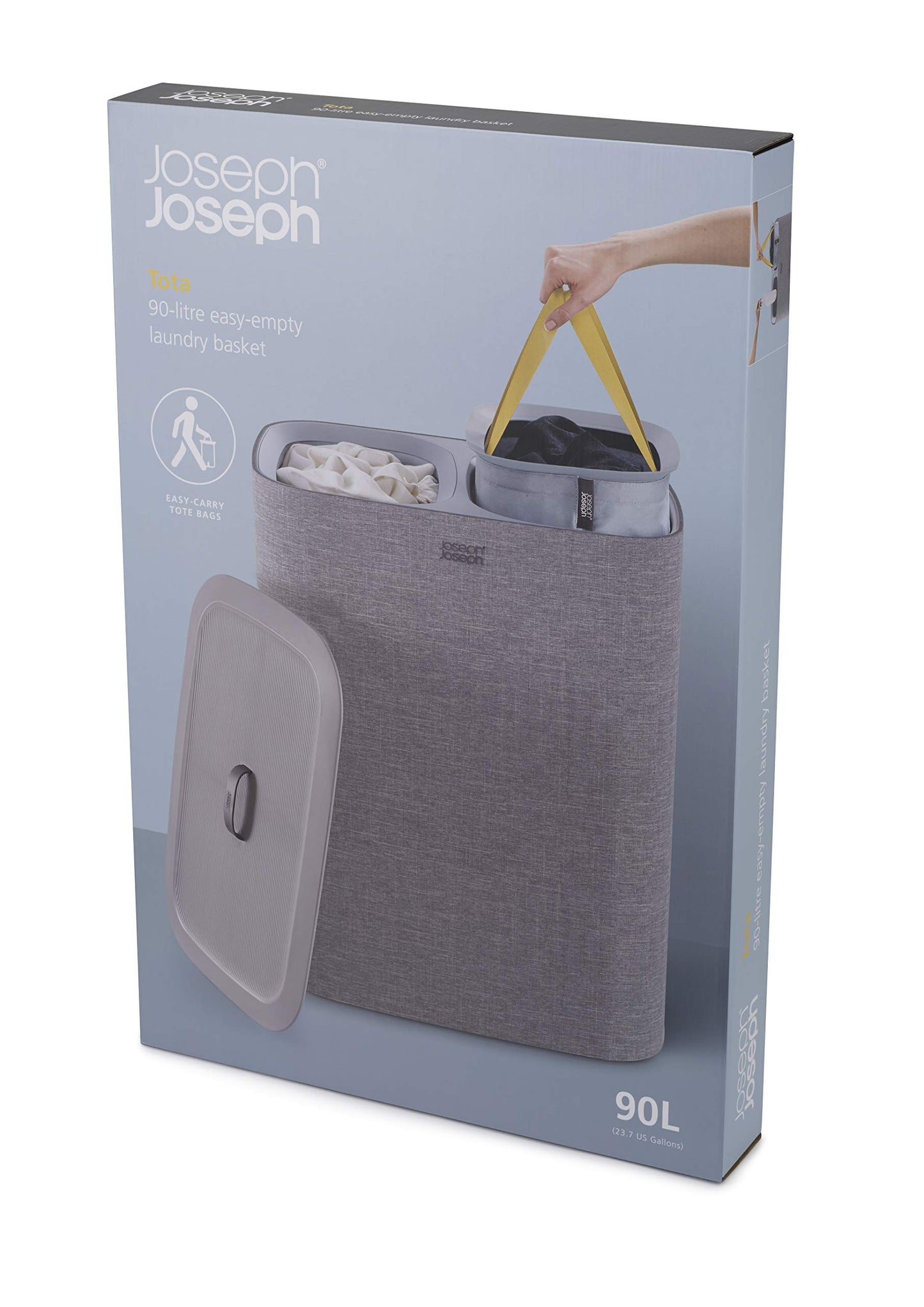Joseph Joseph Tota - 90L Laundry Hamper with Lid, Separate Compartments with Removable Cotton Bags with Handles for Easy Carrying and Separation of Garments, Gray - 50003