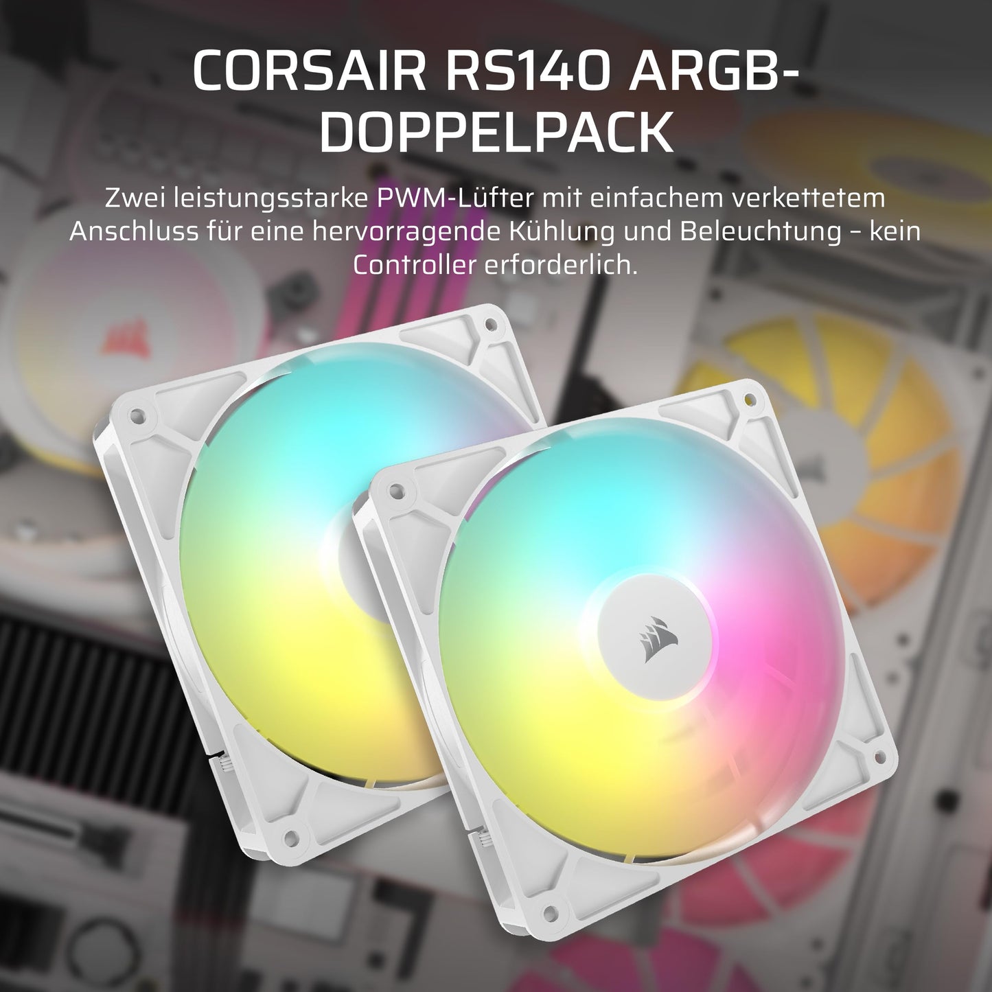 CORSAIR RS140 ARGB 140mm PWM Fan - Daisy Chain Connection - Low Noise - Magnetic Dome Bearing - Twin Pack - White - CO-9050187-WW