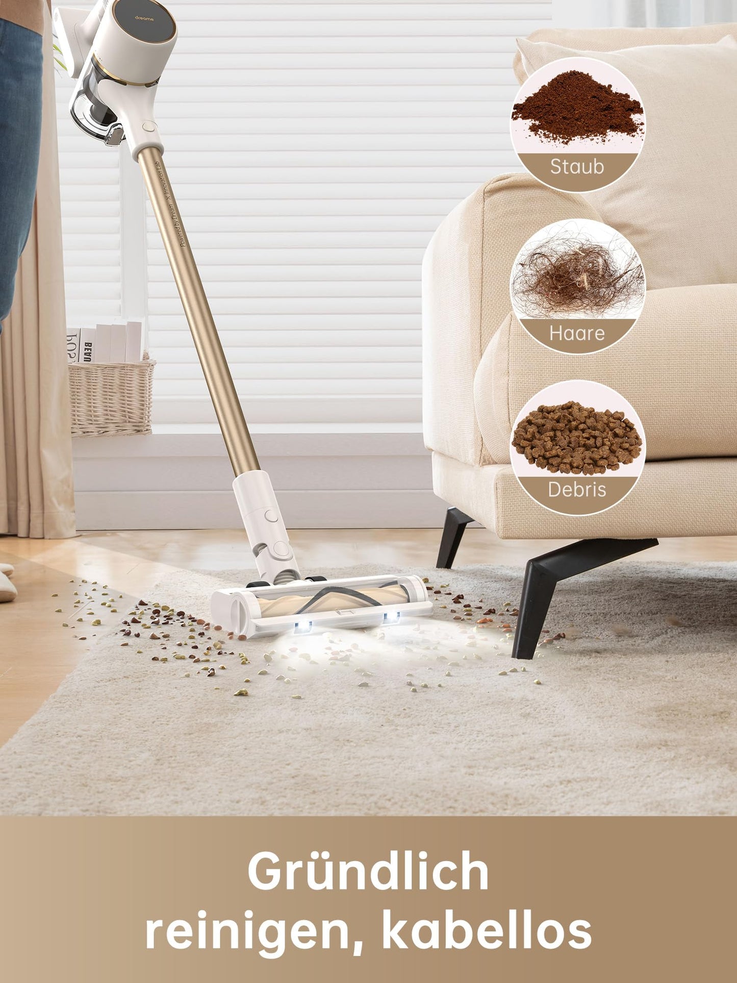 dreame R10 cordless vacuum cleaner, 20,000 PA / 120AW strong suction power, wireless vacuum cleaner, 60 min running time, brush for various surfaces with LED light, ideal for house cleaning, animal hair, carpets - VTV22B