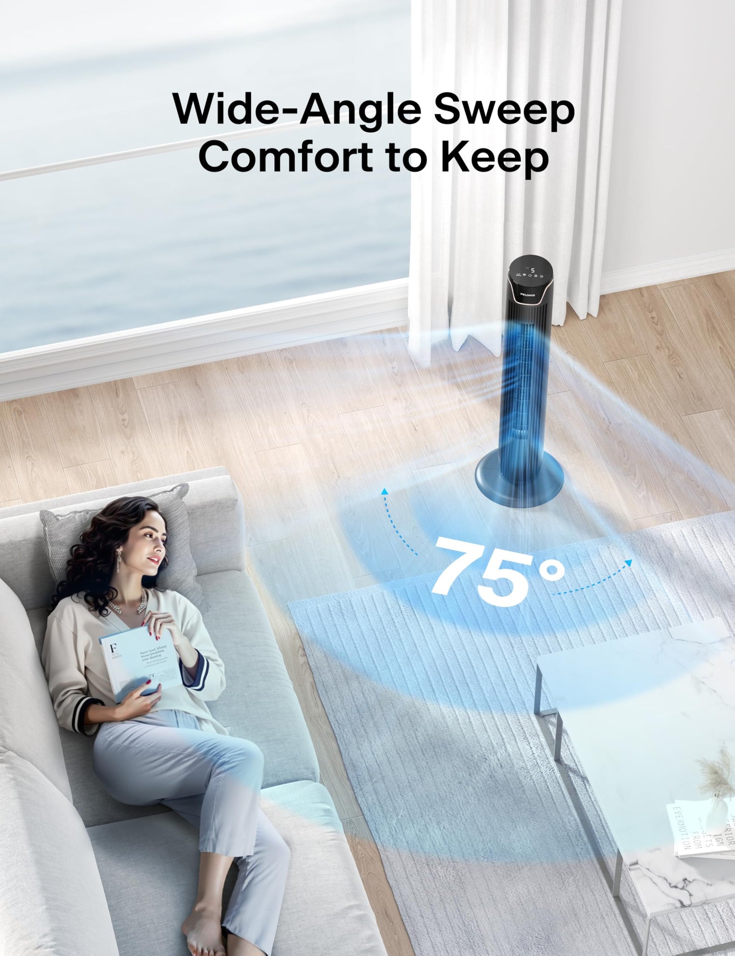 PELONIS Tower Fan with Remote Control - 5 Speed Levels & 4 Modes (AI/Night/Natural Wind) 9H Timer, LED Display with Memory Function - Energy Saving Fan for Office Bedroom - PE-FZ10-25MR-DE