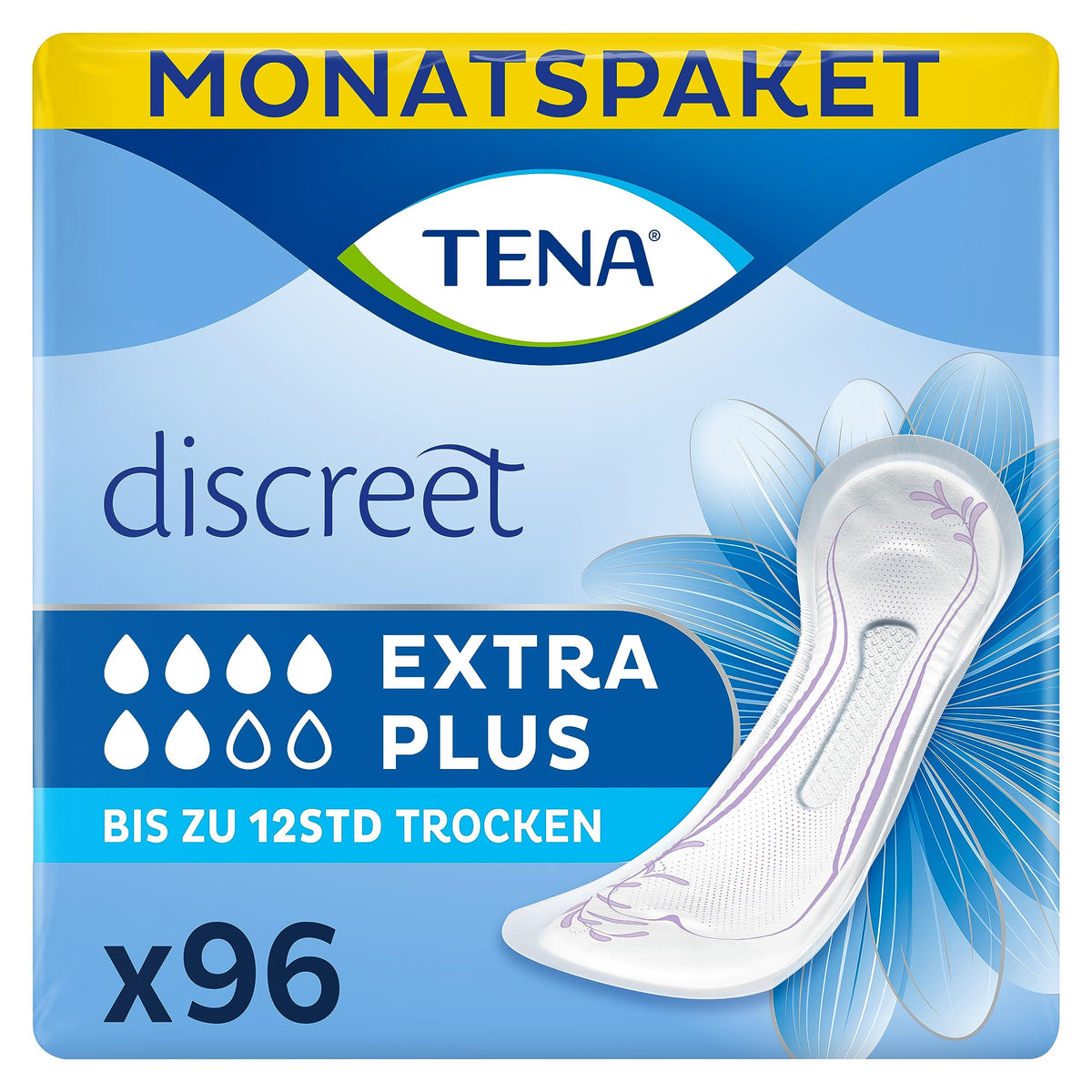 TENA Discreet Extra Plus - 96 pads in a monthly package (6 x 16 pieces), individually wrapped - hygiene pads for women - for moderate bladder weakness and incontinence. - 7322540892680