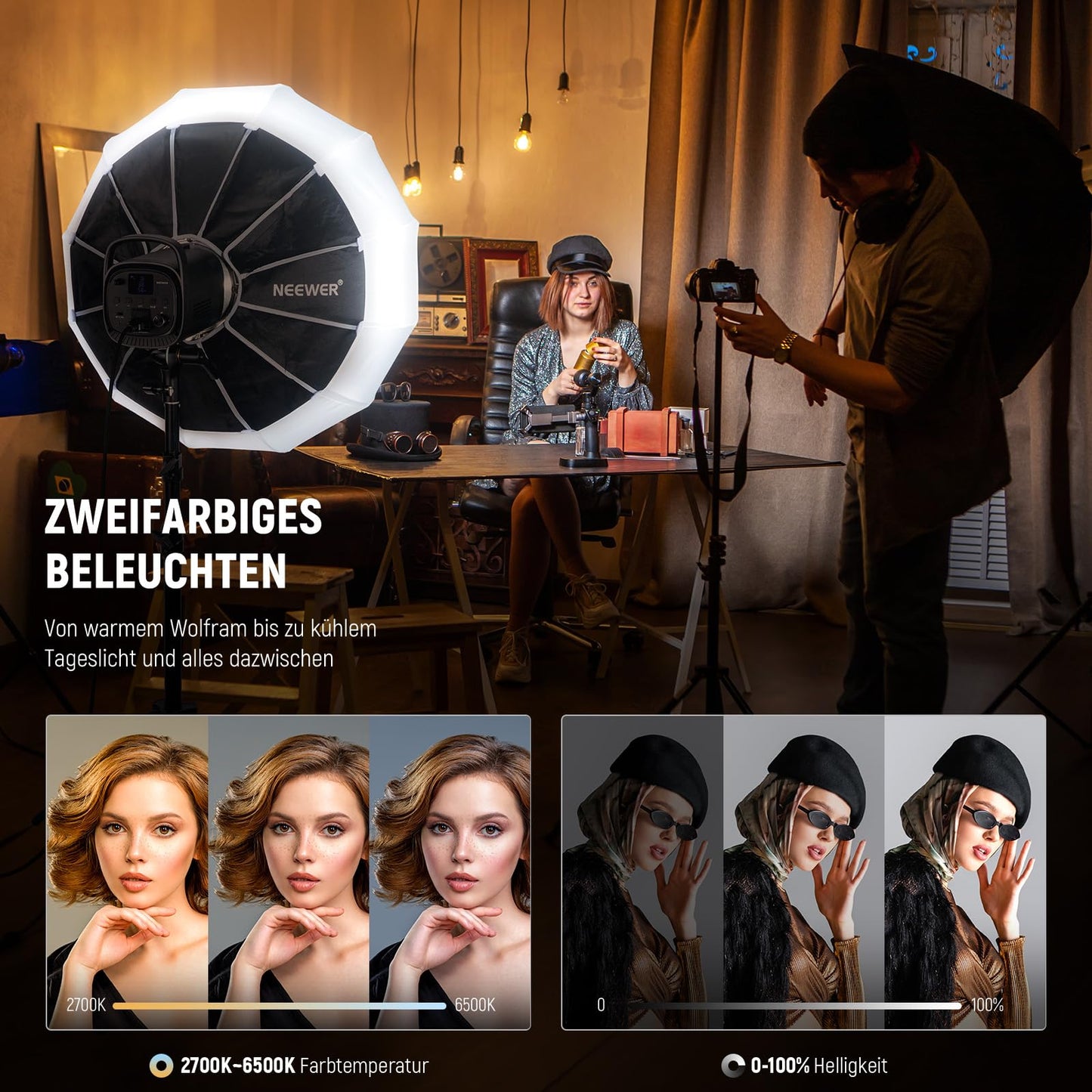 NEEWER CB120B 120W LED video light with 2.4G APP control, COB, two-tone, 2700K - 6500K, 78000 lux at 1m/CCT mode/CRI97/12 scenes/Bowens mount, continuous light for studio photography/video recordings - 10104632