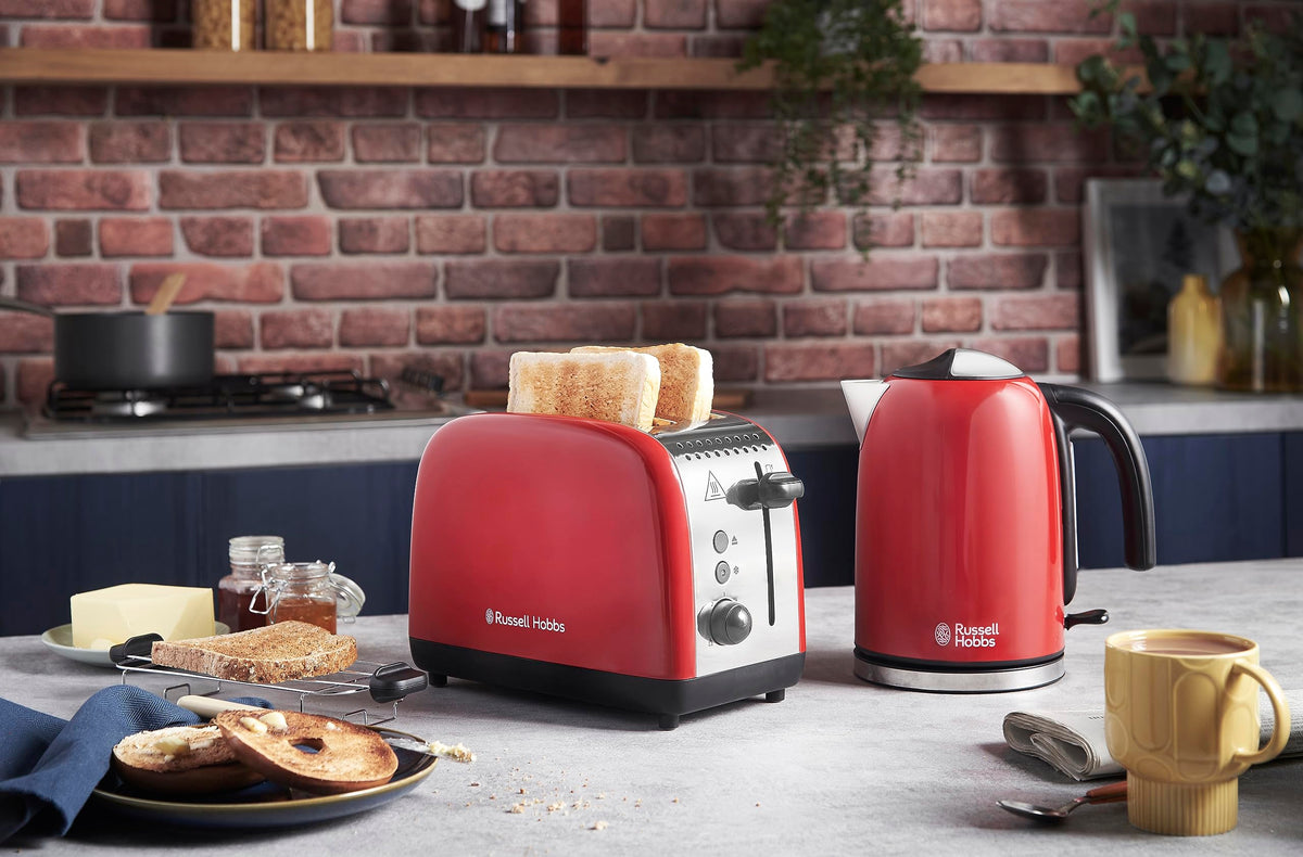 Russell Hobbs Toaster [for 2 slices] Colours Plus Stainless Steel Red (extra wide toasting slots, includes bun warmer, 6 browning levels + defrost function, Lift & Look feature, 1600W) 26554-56