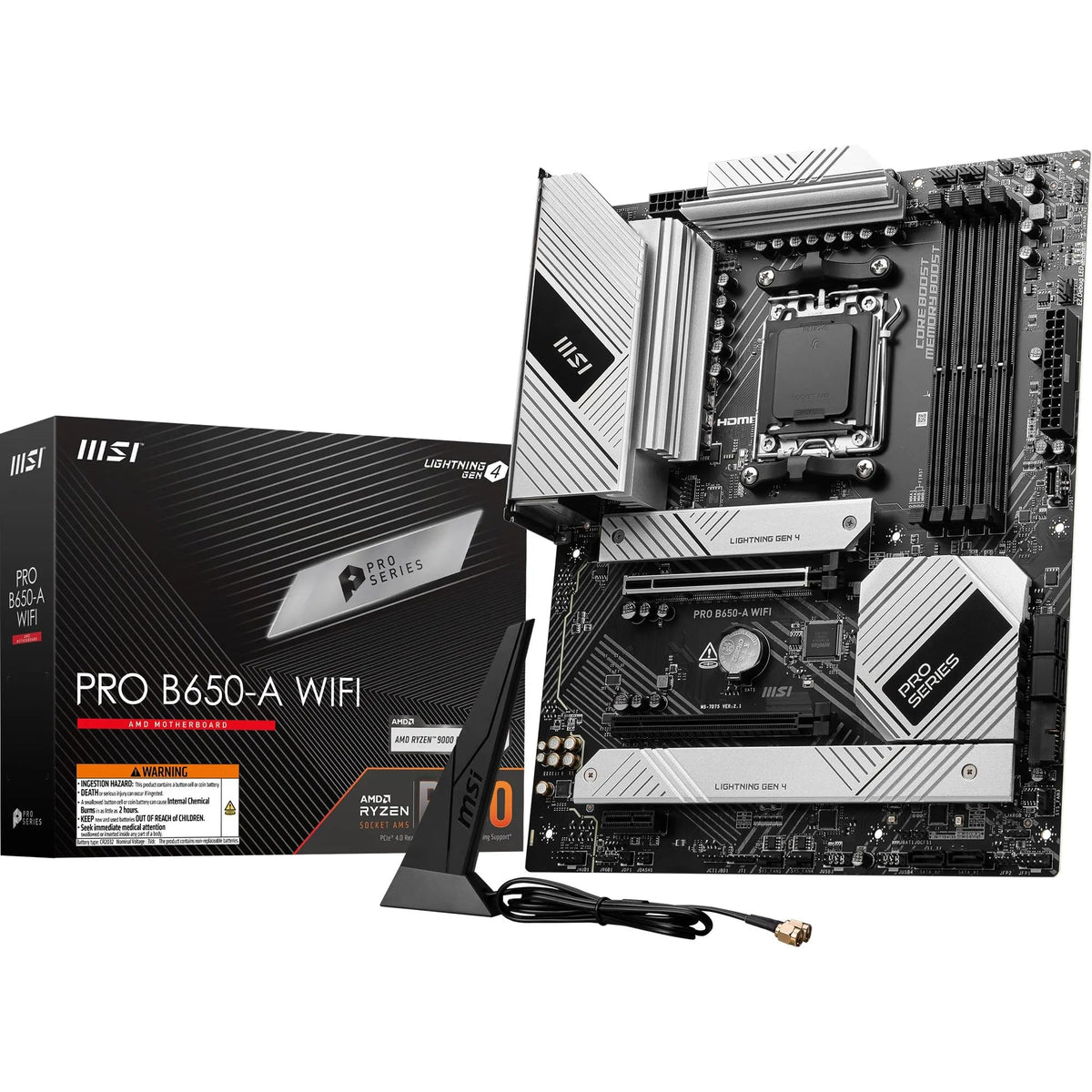 MSI PRO B650-A WiFi Placă de bază, ATX - Suportă procesoare din seria Ryzen 9000, 8000 și 7000, AM5 - Memorie DDR5 Boost 7600+MHz/OC, 2 x PCIe 4.0 x16, 3 x M.2 Gen4, Wi-Fi 6E - 7D75-013R