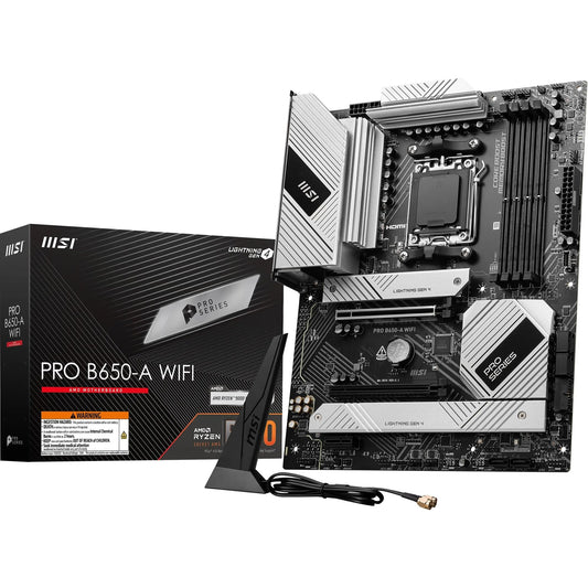 MSI PRO B650-A WiFi Placă de bază, ATX - Suportă procesoare din seria Ryzen 9000, 8000 și 7000, AM5 - Memorie DDR5 Boost 7600+MHz/OC, 2 x PCIe 4.0 x16, 3 x M.2 Gen4, Wi-Fi 6E - 7D75-013R
