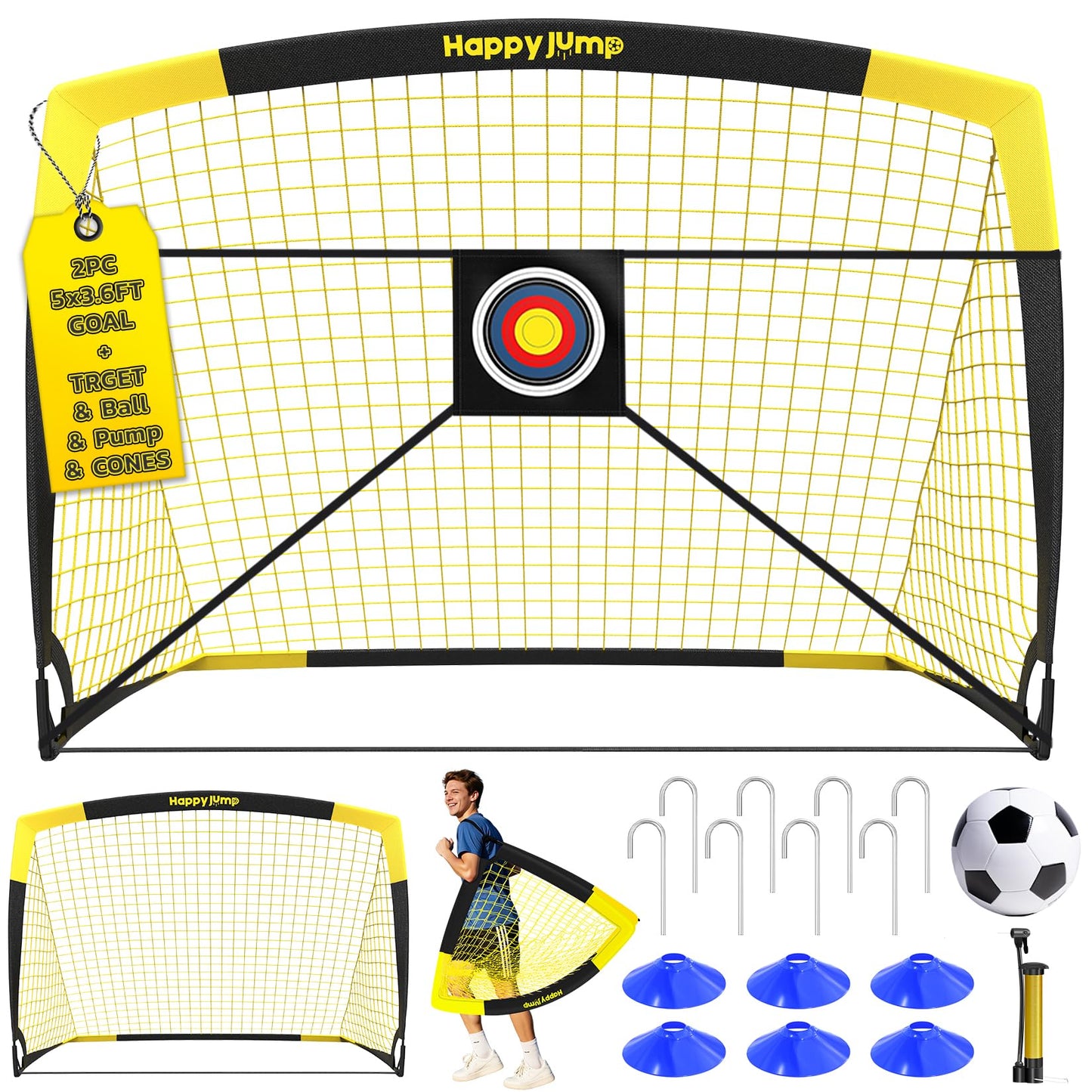 Happy Jump Pop-Up Football Goals - 152x110 cm, 2 goals, black yellow with ball, pump, cone & target | Complete training set for garden & family - Z2500800BQ1