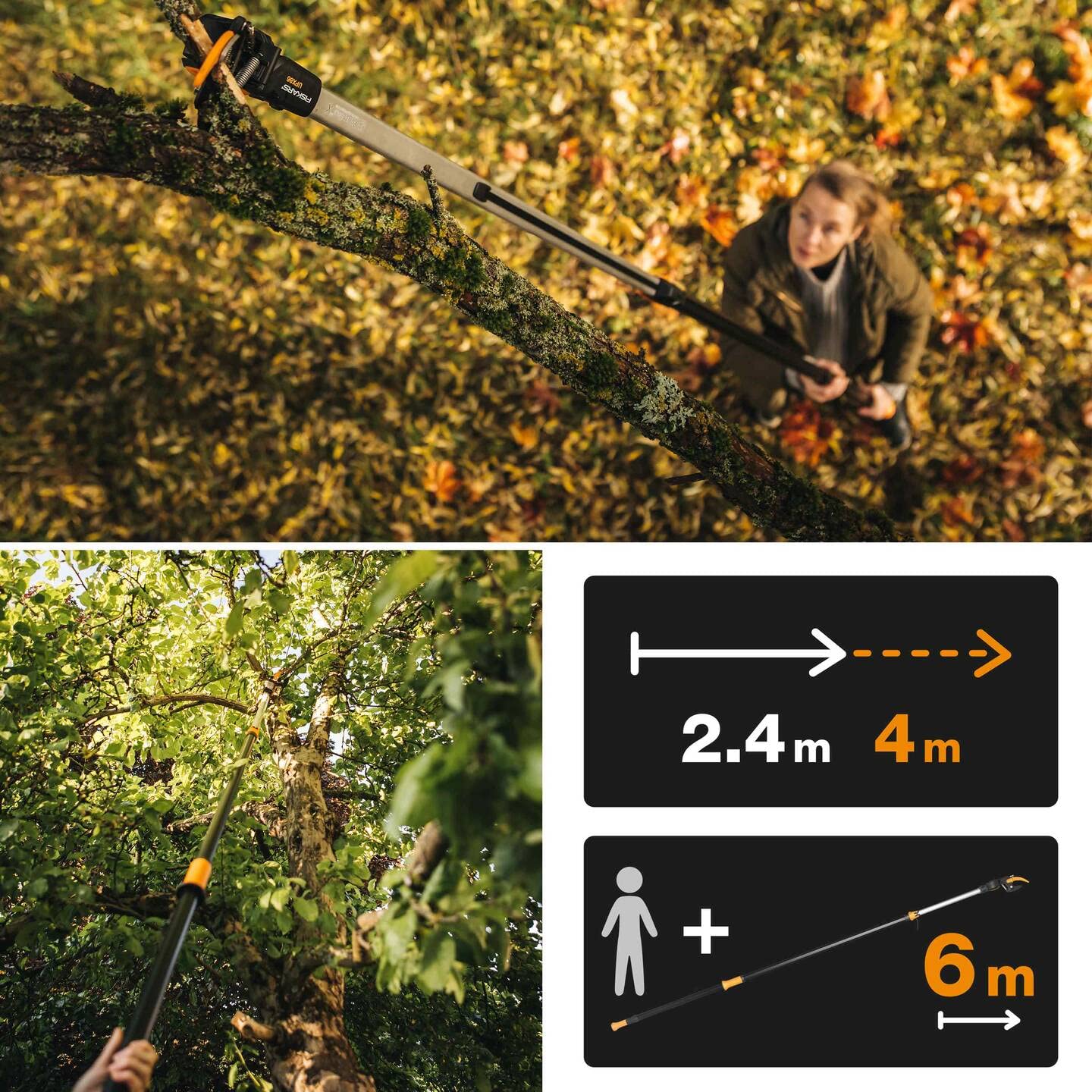Fiskars Bypass Telescopic Cutting Giraffe for Fresh Branches and Twigs, Non-Stick Coating, Steel Blade/Aluminum Handle, Length 2.4-4m, Black/Orange, UPX86, 1023624