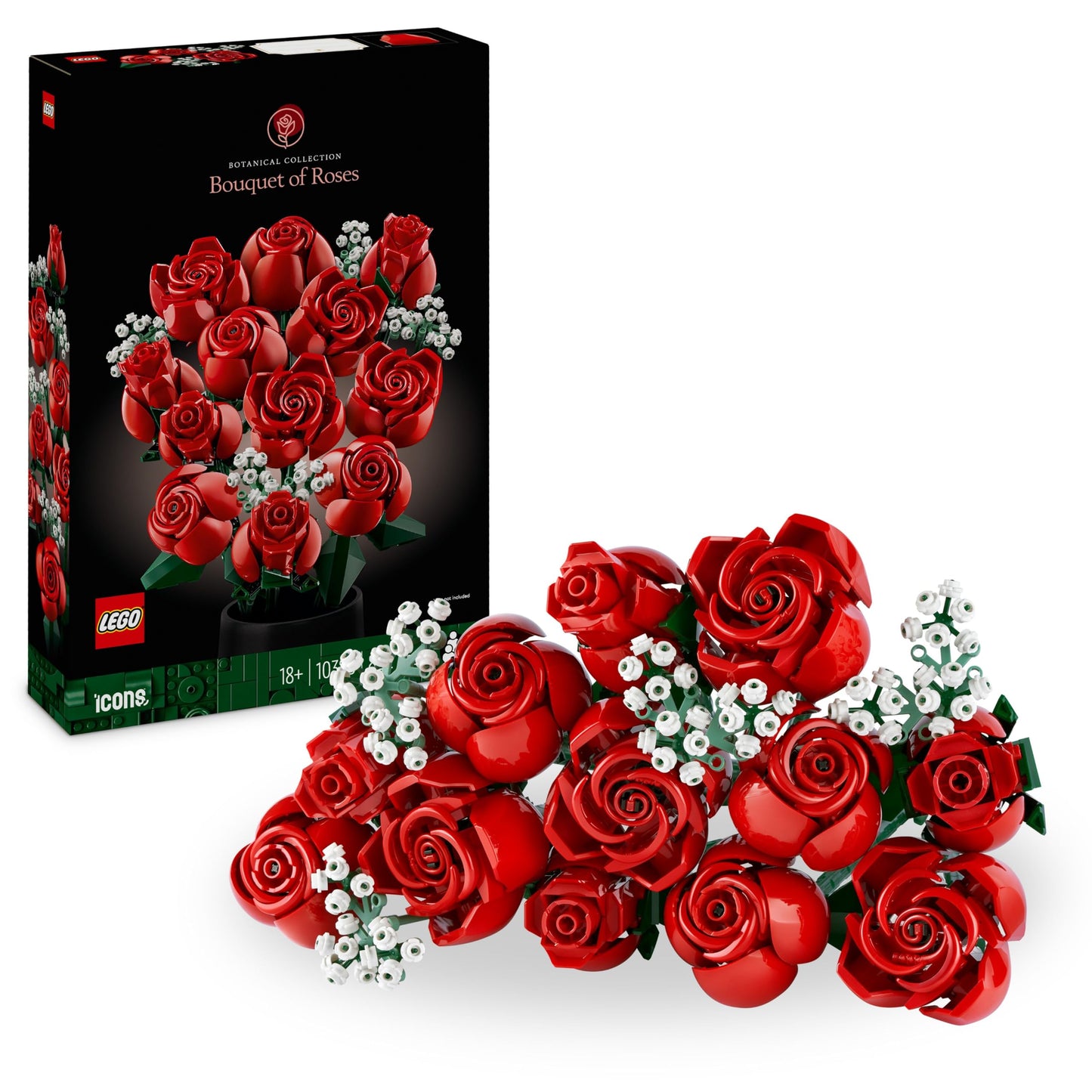 LEGO Botanicals Rose Bouquet - Set of Artificial Flowers for Adults - with 12 Artificial Roses & 4 Branches of Gypsophila - DIY Decoration for Building - Gift Idea for Women - 10328
